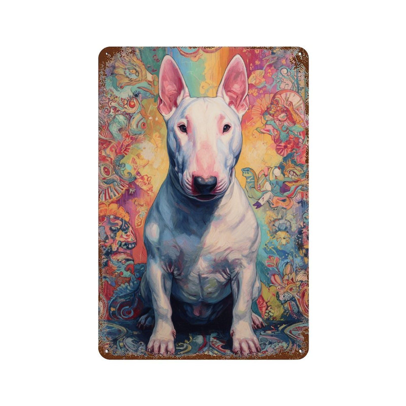 Colorful Bull Terrier Art Print Decorative Tin Sign 11.8"x7.9", Vintage Wall Decor for Basement, Hobby Room And Garage Decor