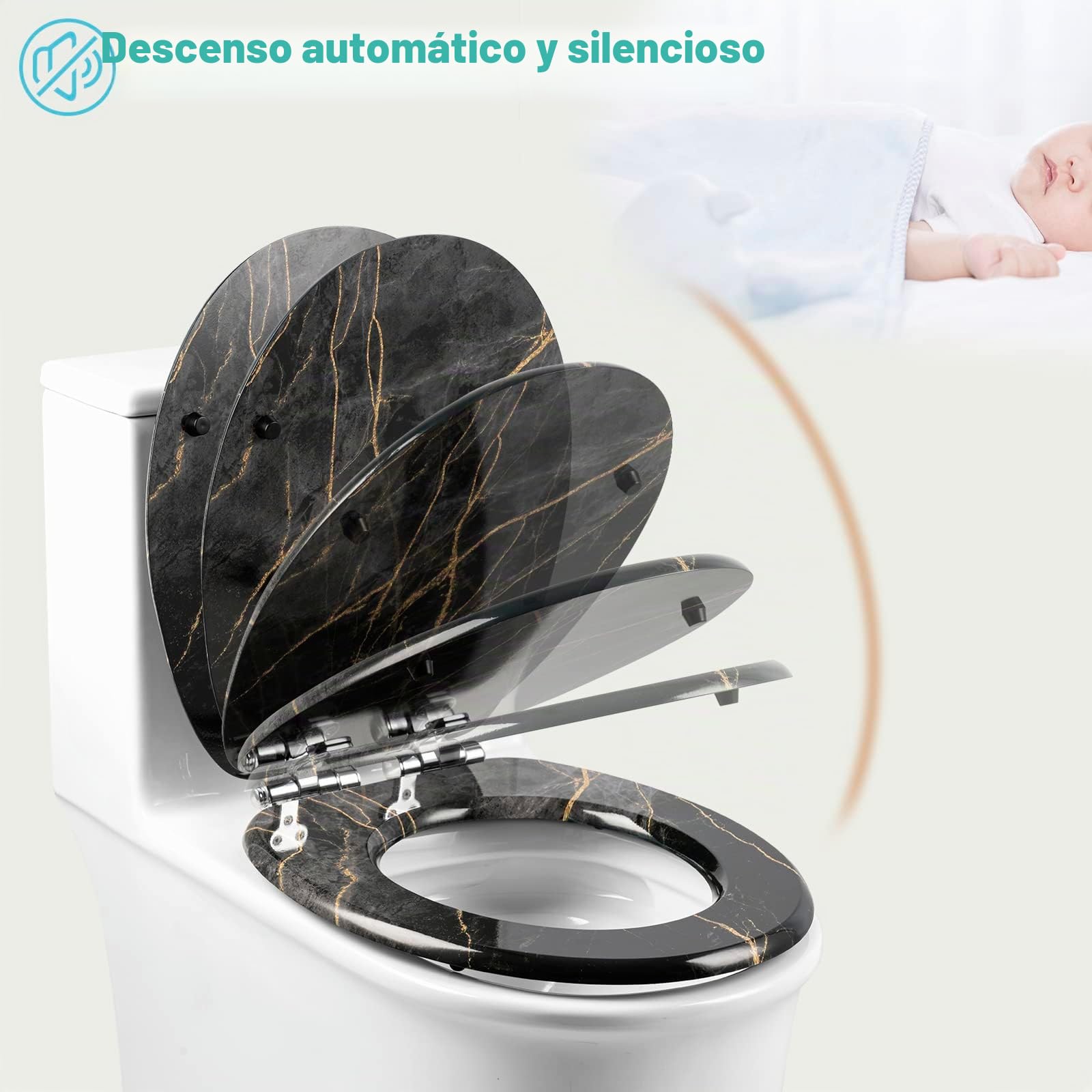 eSituro Tapa WC Universal en Forma O, Asiento de Inodoro con Bisagra de Cierre Suave, Tapa Inodoro de Montaje y Liberación Rápida, MDF, Distancia entre Agujeros de Montaje