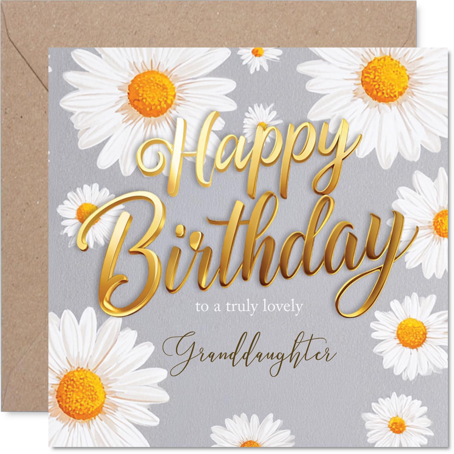 Heartfelt Birthday Card for Granddaughter - Warm Wishes in Gold Foil - Daisies and Floral Design with Loving Message - 145mm Square, Envelope Included