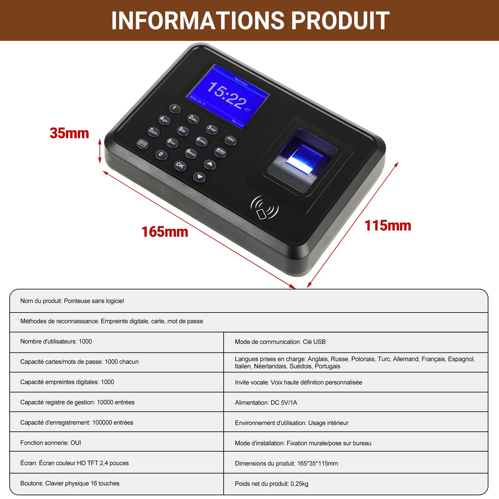 Pointeuse Horaire Biométrique pour Petites Entreprises – 3-en-1: Empreintes Digitales, Badges RFID (10), Code PIN – sans WiFi, 0 Frais Mensuels – Horloge de Pointage pour Personnel