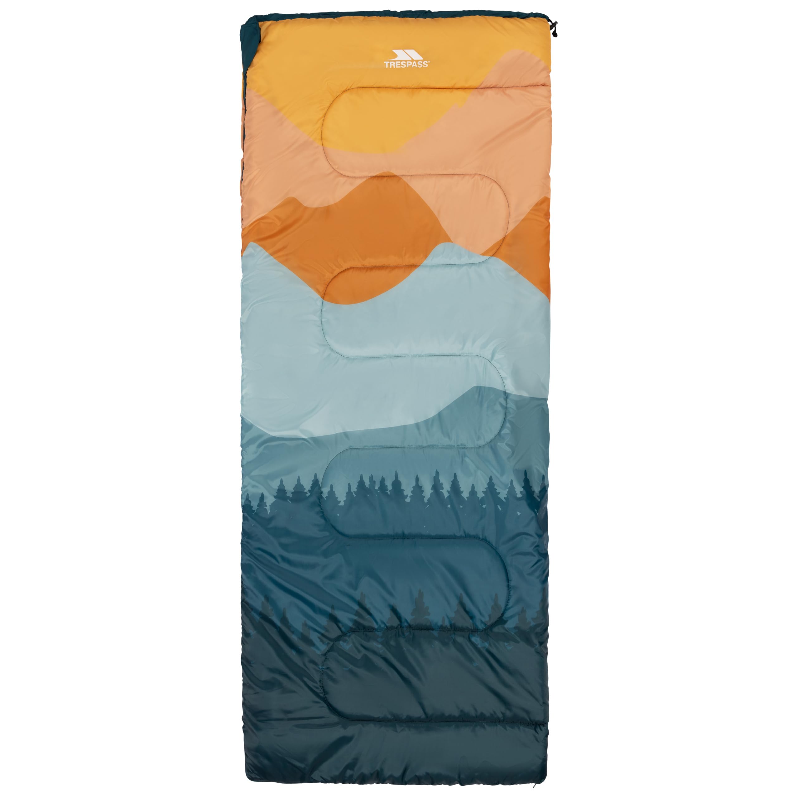 Trespass Sleeping Bag Lull - 3 Season, Printed, Envelope Shape, Shoulder Drawcord, 2 Way Zip, 180cm x 70cm, Comfort 0ºC, Upper 5ºC, Lower -12ºC