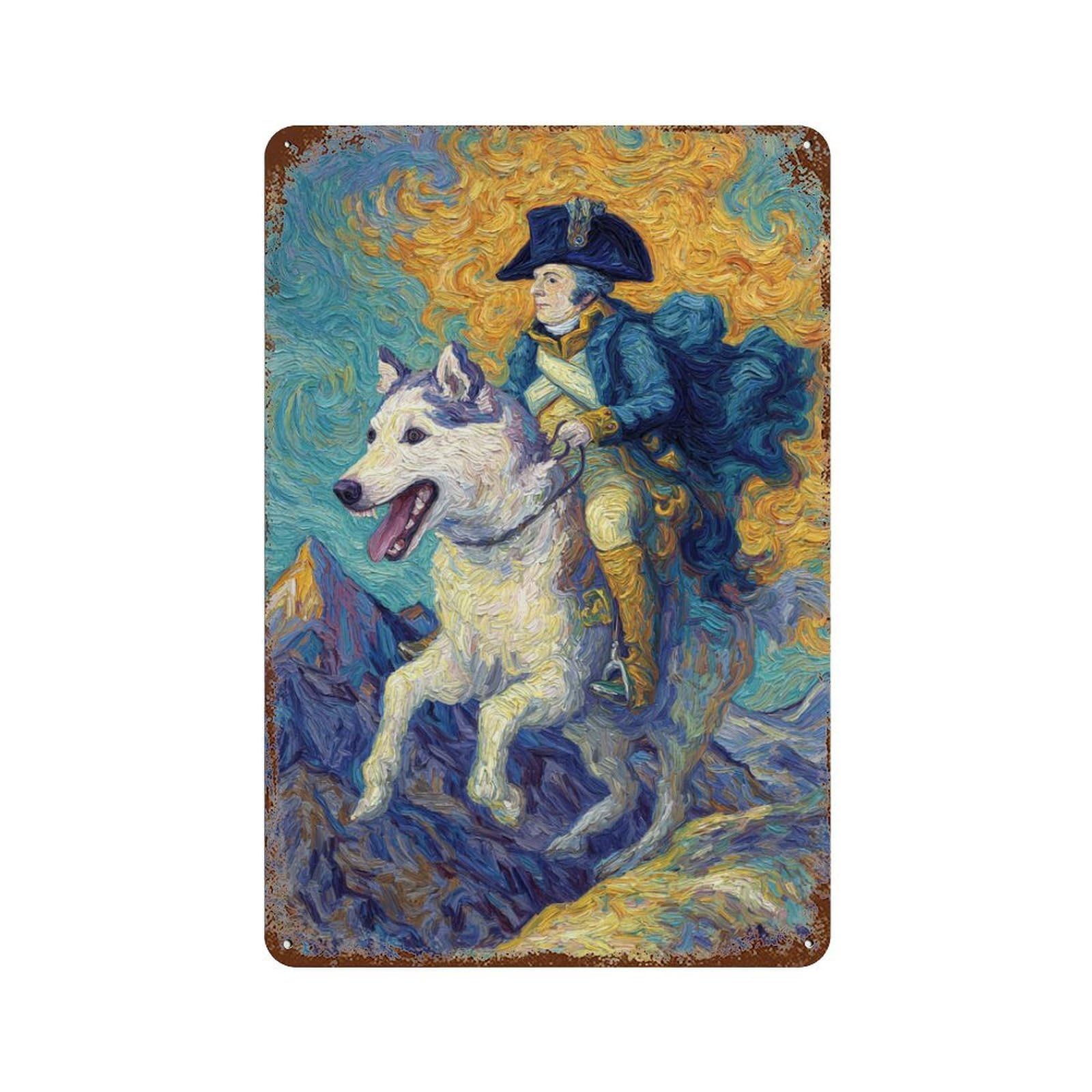 Painting Man Riding Husky Distressed Metal Wall Sign 11.8"x7.9", for Garage, Bar And Workshop Decor, Decorative Metal Wall Art
