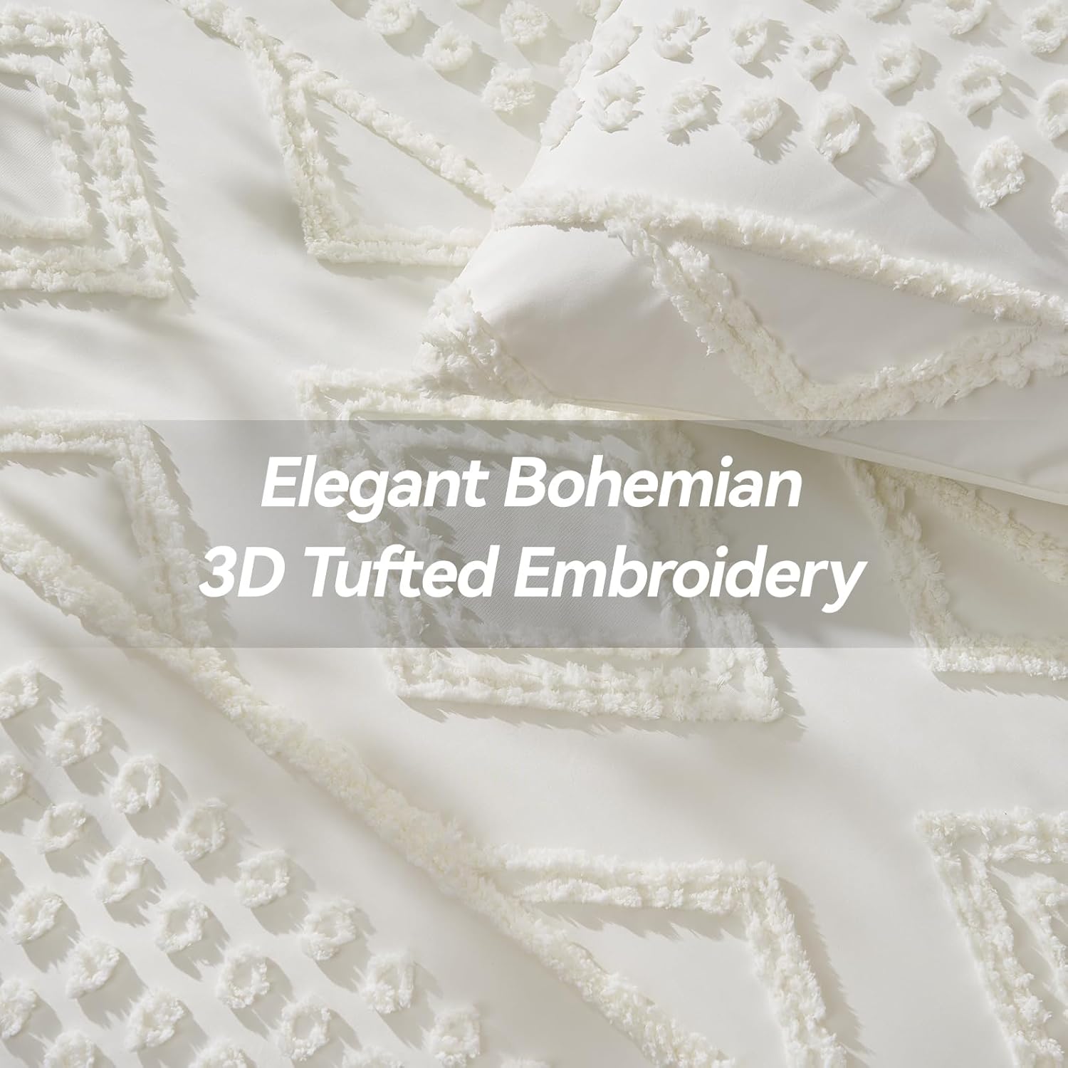 Boho Queen Comforter Set Beige with Sheets, 3 Pieces Tufted Queen Comforter Sets Boho Bedding Cream Soft Warm Neutral Comforter Sets for All Seasons
