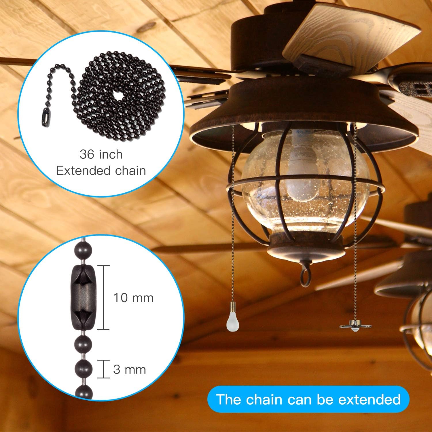 6 Combo Frosted Ceiling Fan Pull Chain Set，Including 6Pcs Beaded Ball Fan Pull Chain Decorative Extra 12Pcs Beaded and Pull Loop Connectors 3Pcs 36inches Fan Pull Chain Extension（ Bronze）