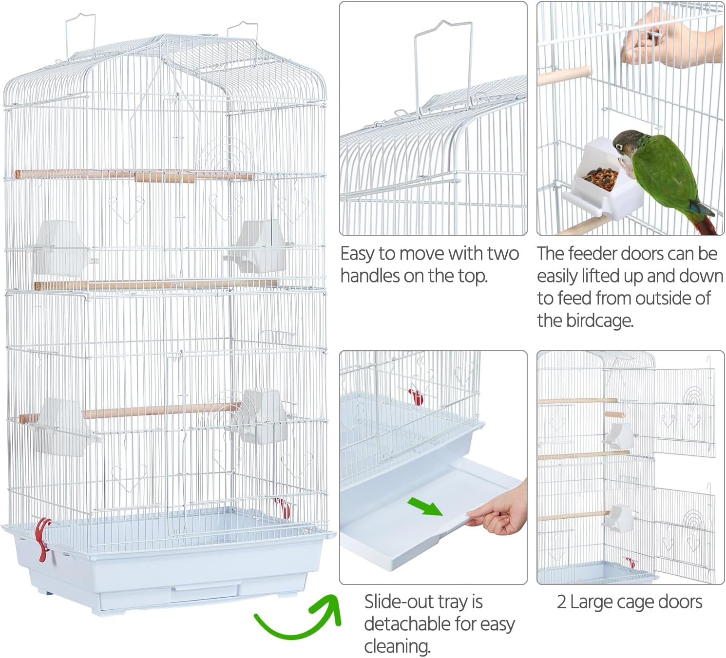 Close-up of the bird cage showing top handles, sliding feeder doors, and a pull-out tray for cleaning.