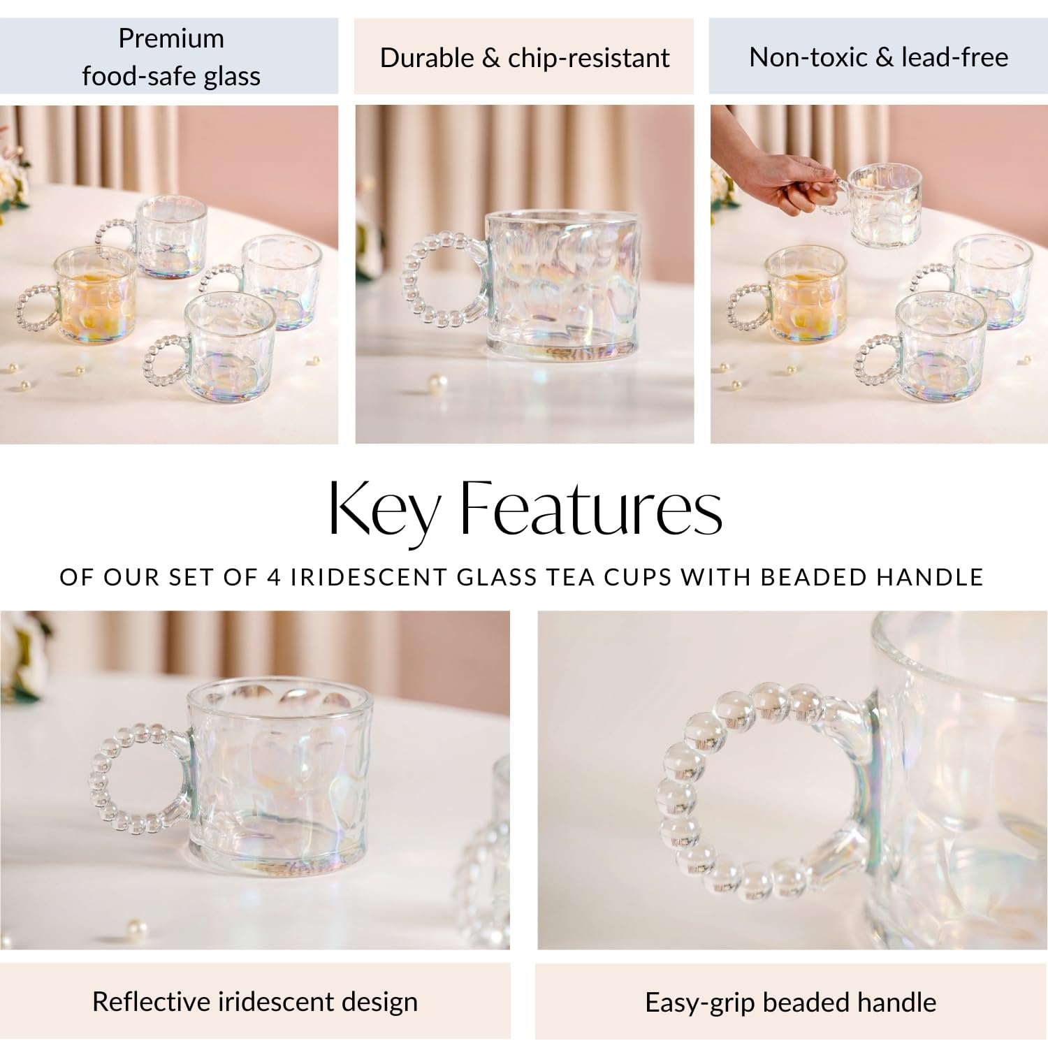 Nestasia Set of 4 Iridescent Glass Tea Cups | Perfect for Green Tea, Coffee, Tea, Milk, Hot Chocolate & Cappuccino (325ml) 3