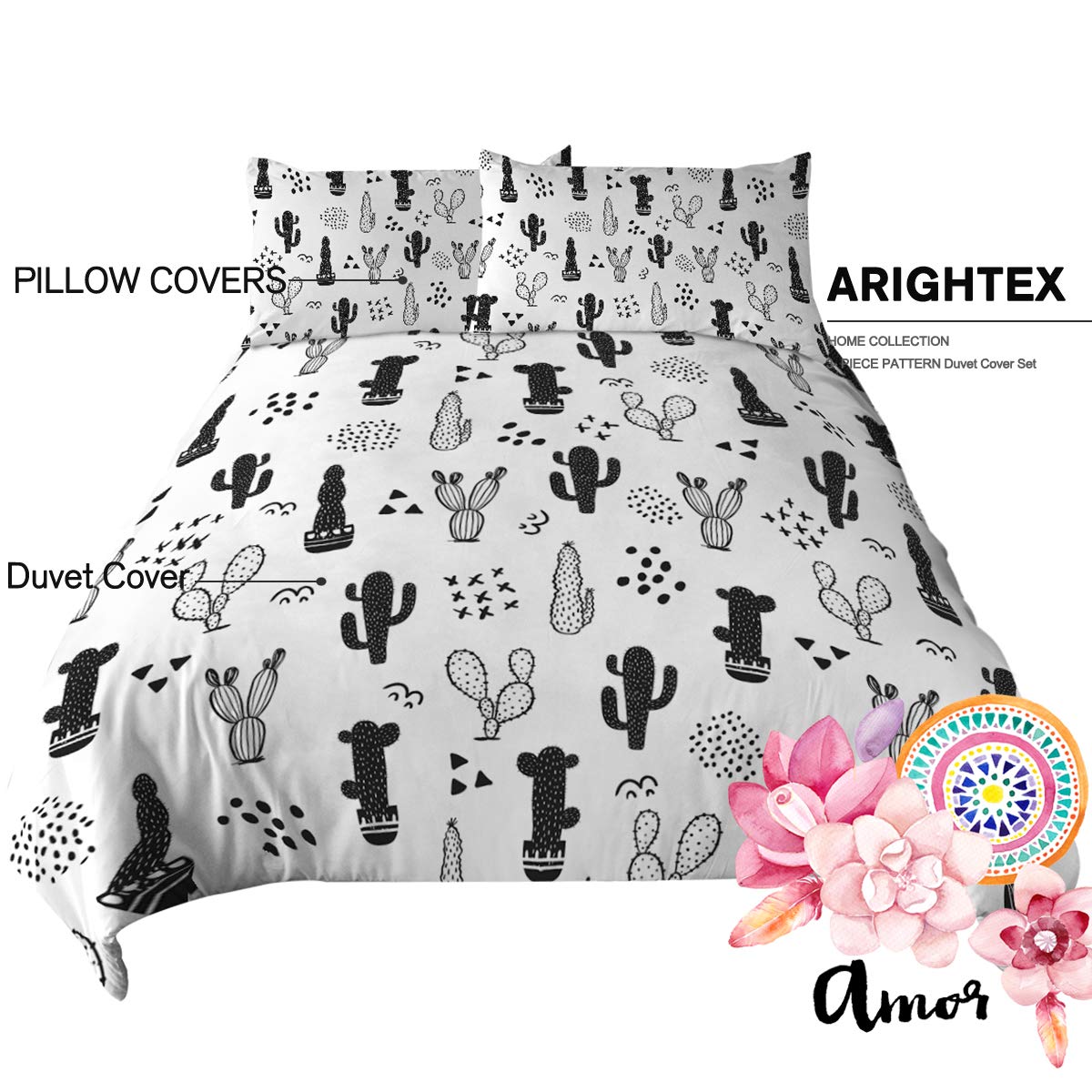 ARIGHTEX Cactus Bedding Full Size Black and White Cacti Print Duvet Cover 3 Piece Abstract Plants Comforter Set for Teen Girls Stylish Women