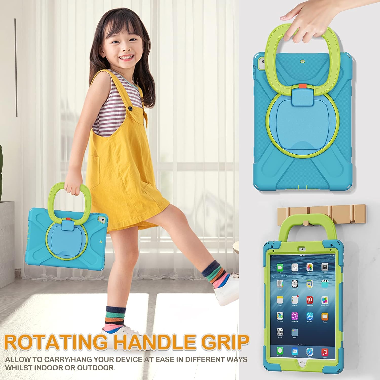 BRAECN Kids Case for iPad 9.7 Inch iPad 6th/5th Generation(2018/2017), 3-Layer Full-Body Rugged Silicone Case w/Rotatable Handle Grip, Shoulder Strap, Pencil Holder, Kickstand for iPad Air 2-Sky Blue