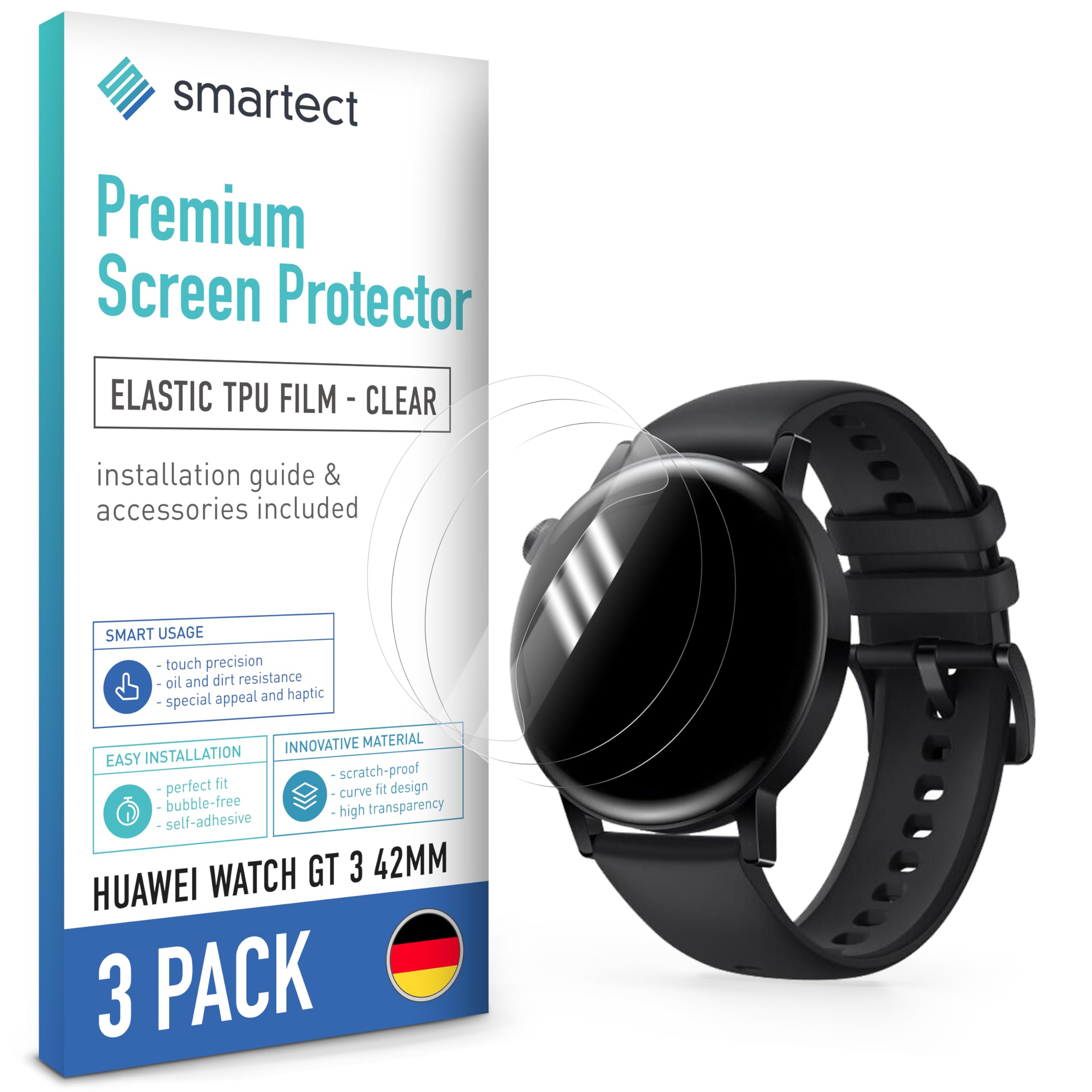 smartect Folia Ochronna TPU [3 Sztuki, Clear] dla Huawei Watch GT 3 42mm, Zakrywa cały wyświetlacz, Ochraniacz Ekranu bez Pęcherzyków, Bez Odcisków palców