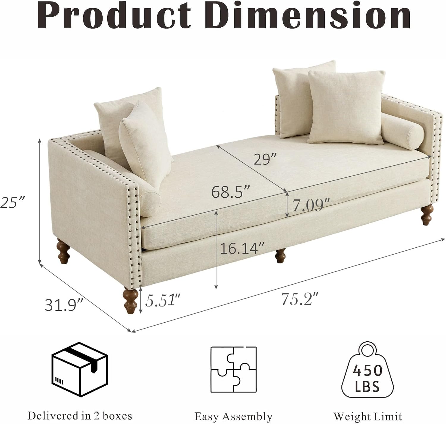 Mlmh & Kngwa 75" Upholstered Oversized Chaise Lounge Chair Indoor with Armrests & 6 Pillows & Solid Wood Legs for Bedroom Living Room, Chenille,Beige