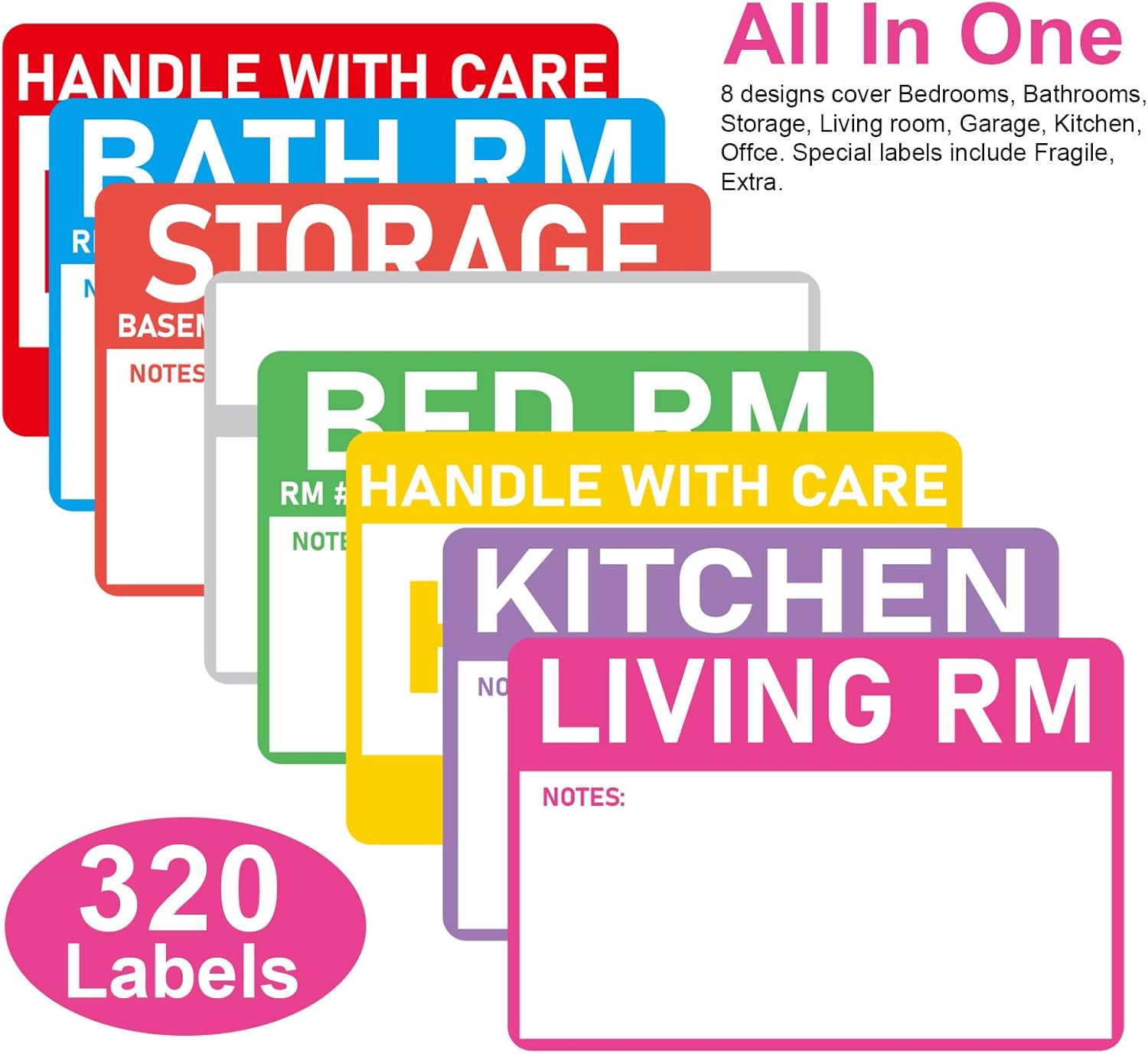 320 Count Home Moving Labels- 3 x 2 inches, Removable Packing Box Stickers, 8 Designs Waterproof Color Coded Moving Stickers with Fragile and Blank Labels