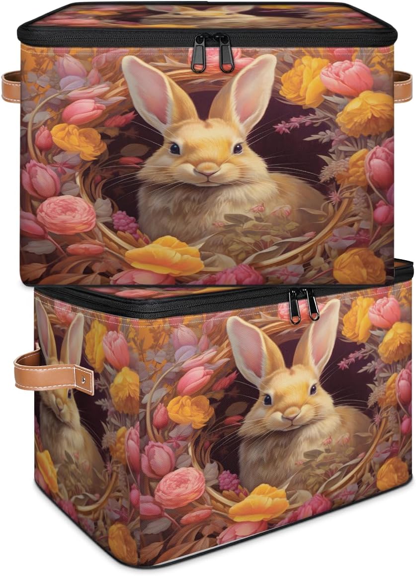 Storage Bin Set of 2 Easter Rabbit Flower Storage Basket with Zipper Lid & Handle Foldable Closet Shelf 2 Pack Cloth Organizer Basket Cube Bins Clothes Organizer for Bedroom, Nursery