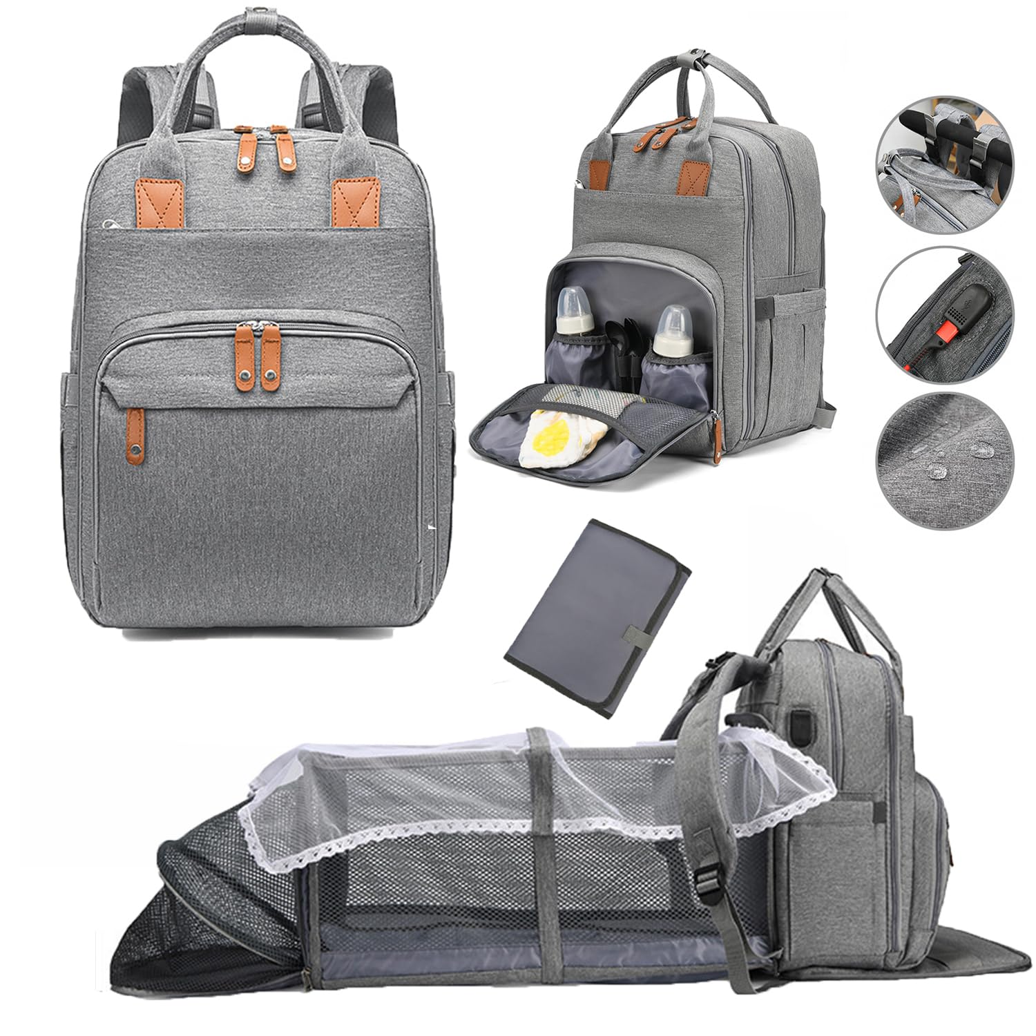 SINCHER Diaper Bag Backpack, Multifunction Travel Back Pack Maternity Baby Changing Bags, Large Capacity, Waterproof and Stylish, Gray (Gray)