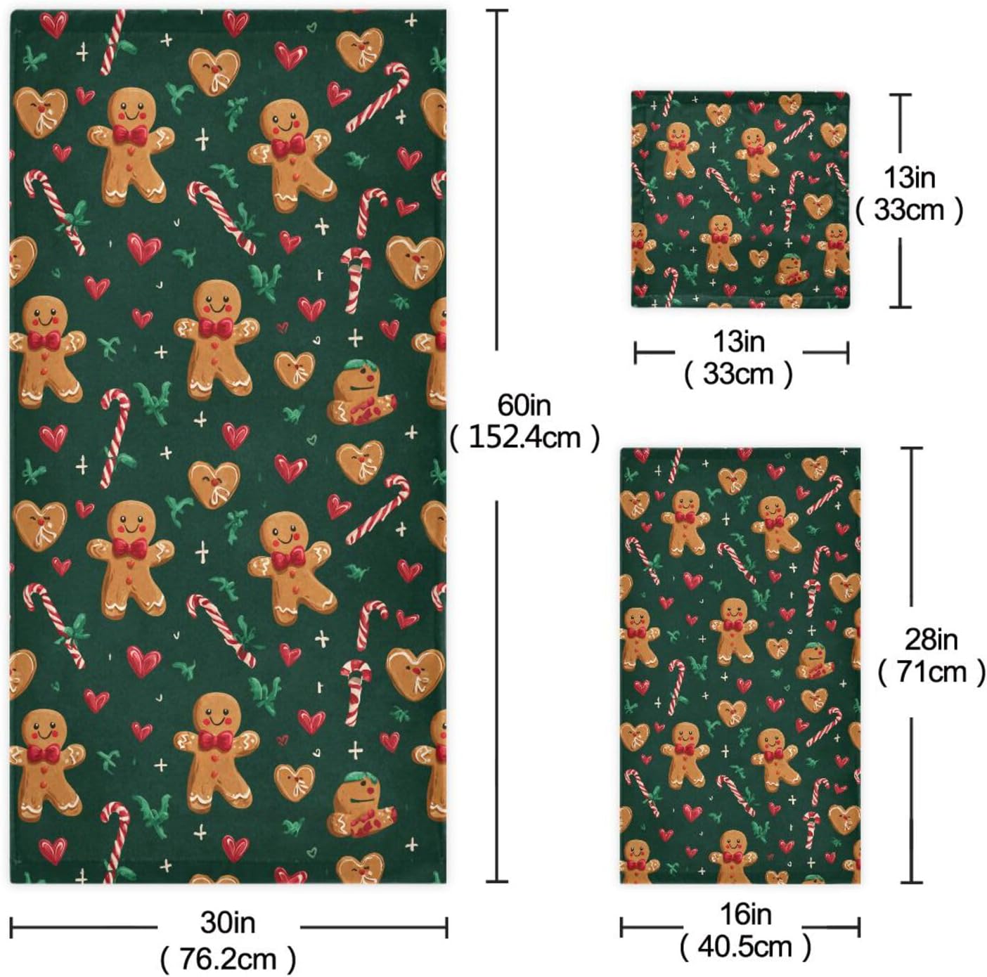 Christmas Gingerbread Candy Cane Bathroom Towel Set of 3 Pcs Xmas Hand Fingertip Bath Towels Washcloth Soft Thin Durable Highly Absorbent Multipurpose for Beach Home Bathroom Hotel Gym Swim Decor