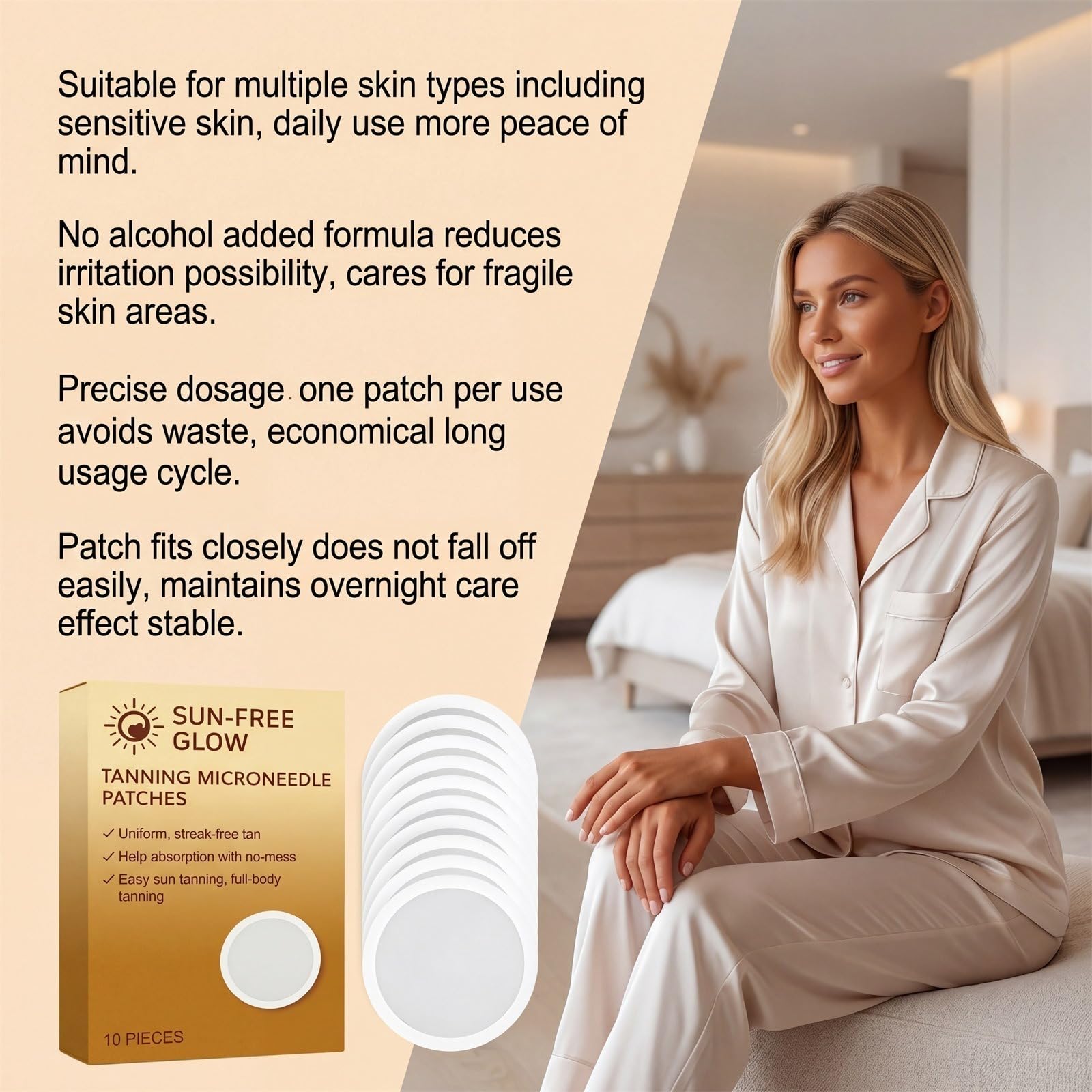 Sun Free Glow Tanning Patch, Micro-needle Autoabbronzante Patch per Unisex, Natural Bronze Finish, Even Skin Tone, Anti-Orange Hue, Hydrating Formula Fits All Skin Types
