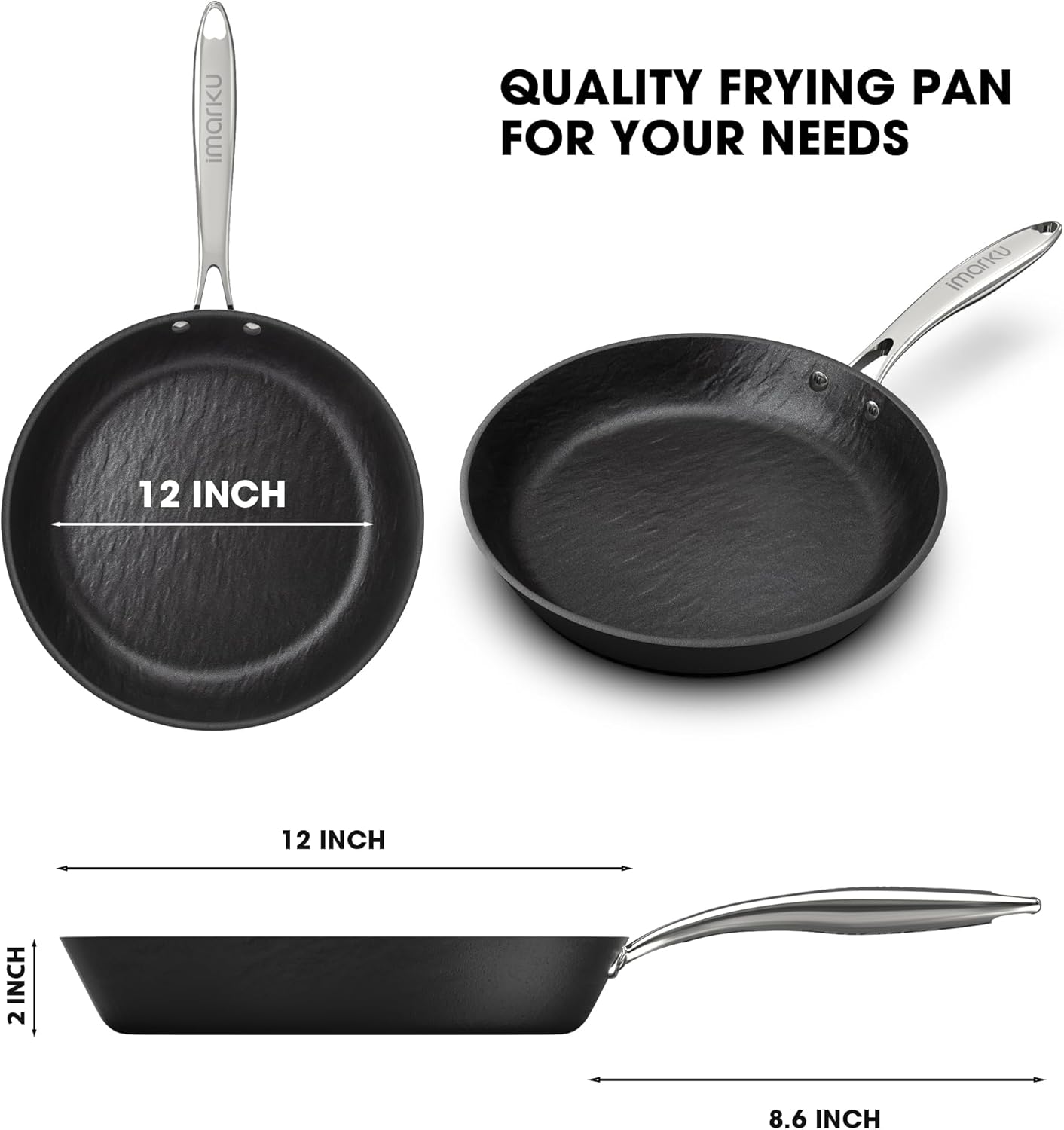 imarku 12 inch Non Stick Frying Pan, Large Skillet Nonstick, Dishwasher & Oven Safe for Cooking with Cool Stainless Steel Handle, Easy Cleanup