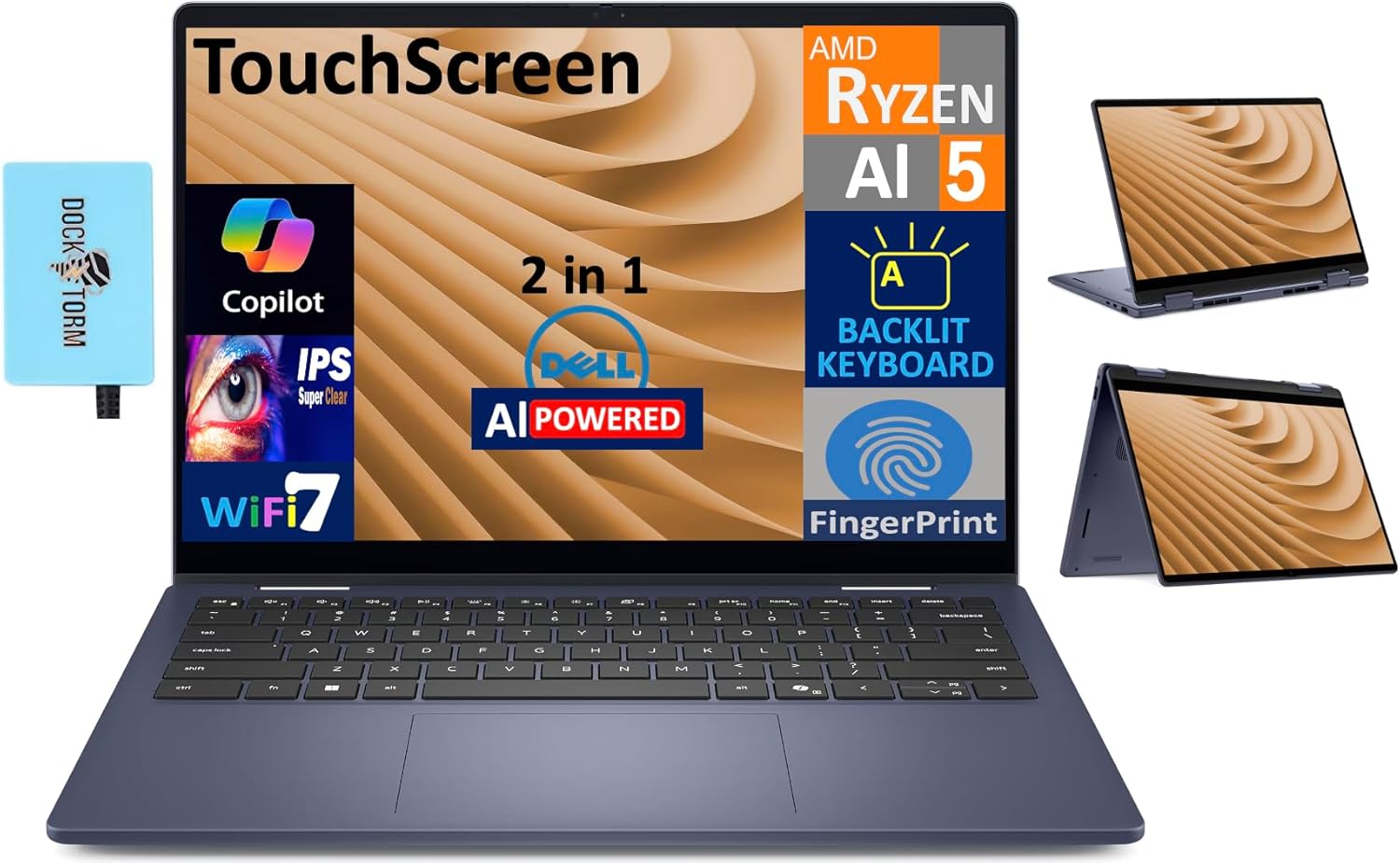 Dell 14 Plus AI Powered 2-in-1 Laptop 14.0" Touchscreen IPS WUXGA Display (AMD Ryzen AI 5 340, 16GB LPDDR5X, 512GB SSD, Backlit KB, Fingerprint, WiFi 7, Webcam, Win 11 Home) w/DKZ USB Port Expander