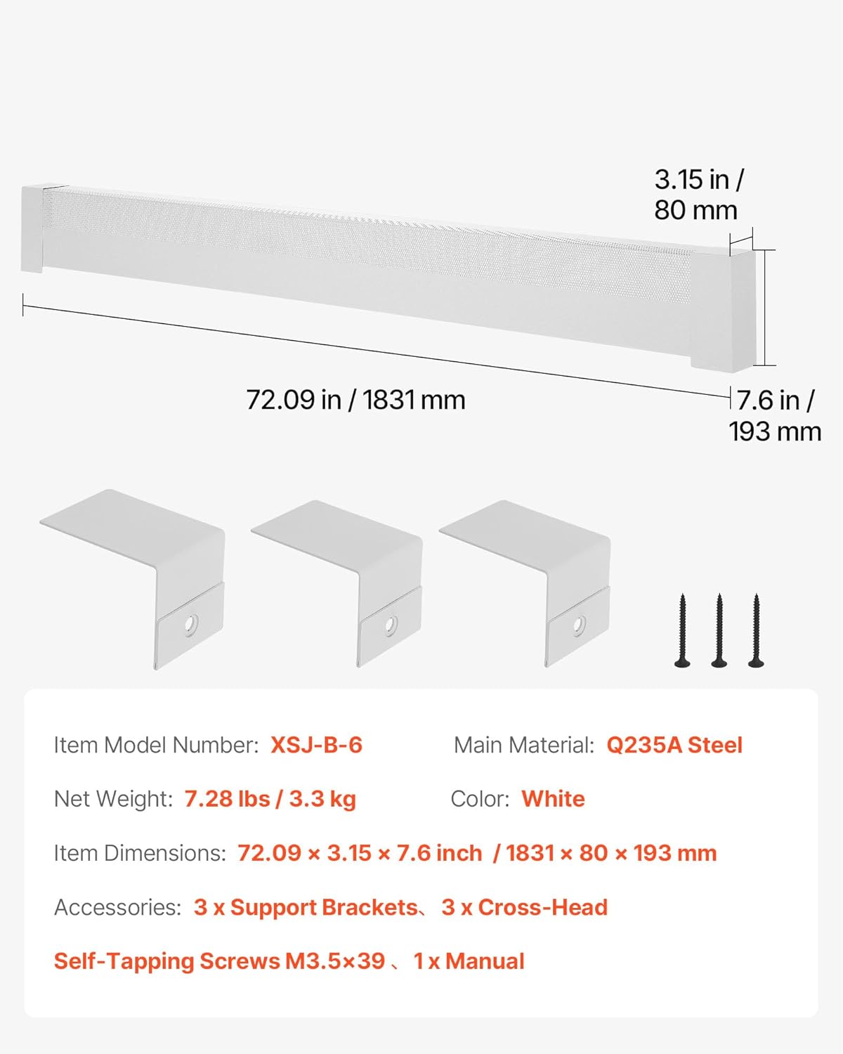 VEVOR Baseboard Heater Covers, Basic Series 6 ft Standard Electric Heating Unit Front Cover for Home Improvement, Heavy-duty Steel, Easy Installation for Bedroom Replacing Old Cover, White