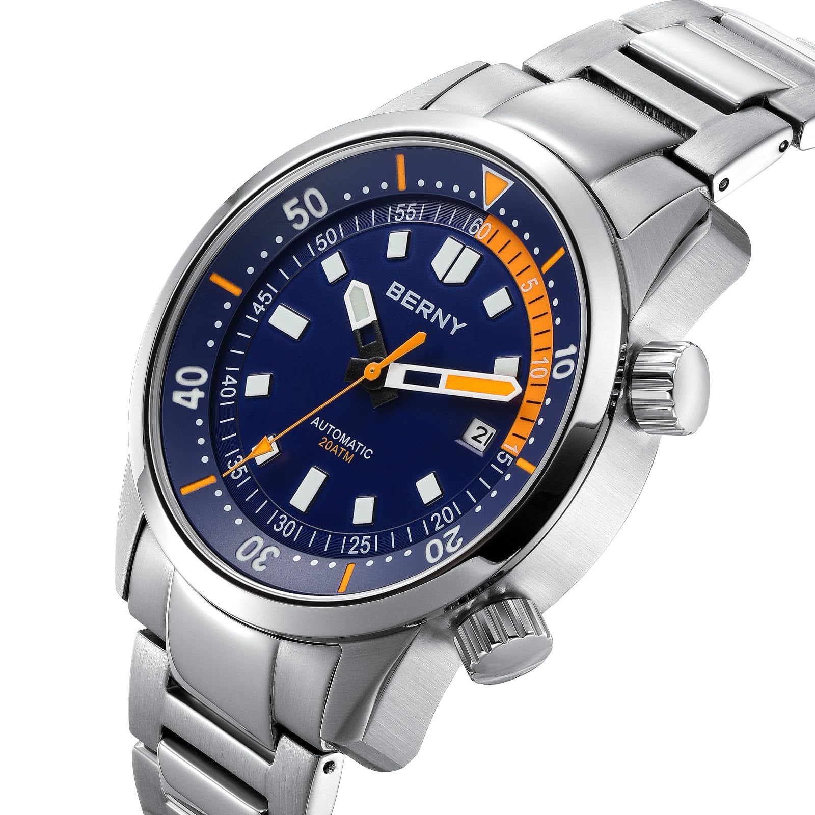 BERNY Reloj Automático para Hombres Sumergible 20 ATM Mecánico con Vidrio de Zafiro, Cómoda Correa de Acero Inoxidable y Súper Luminoso