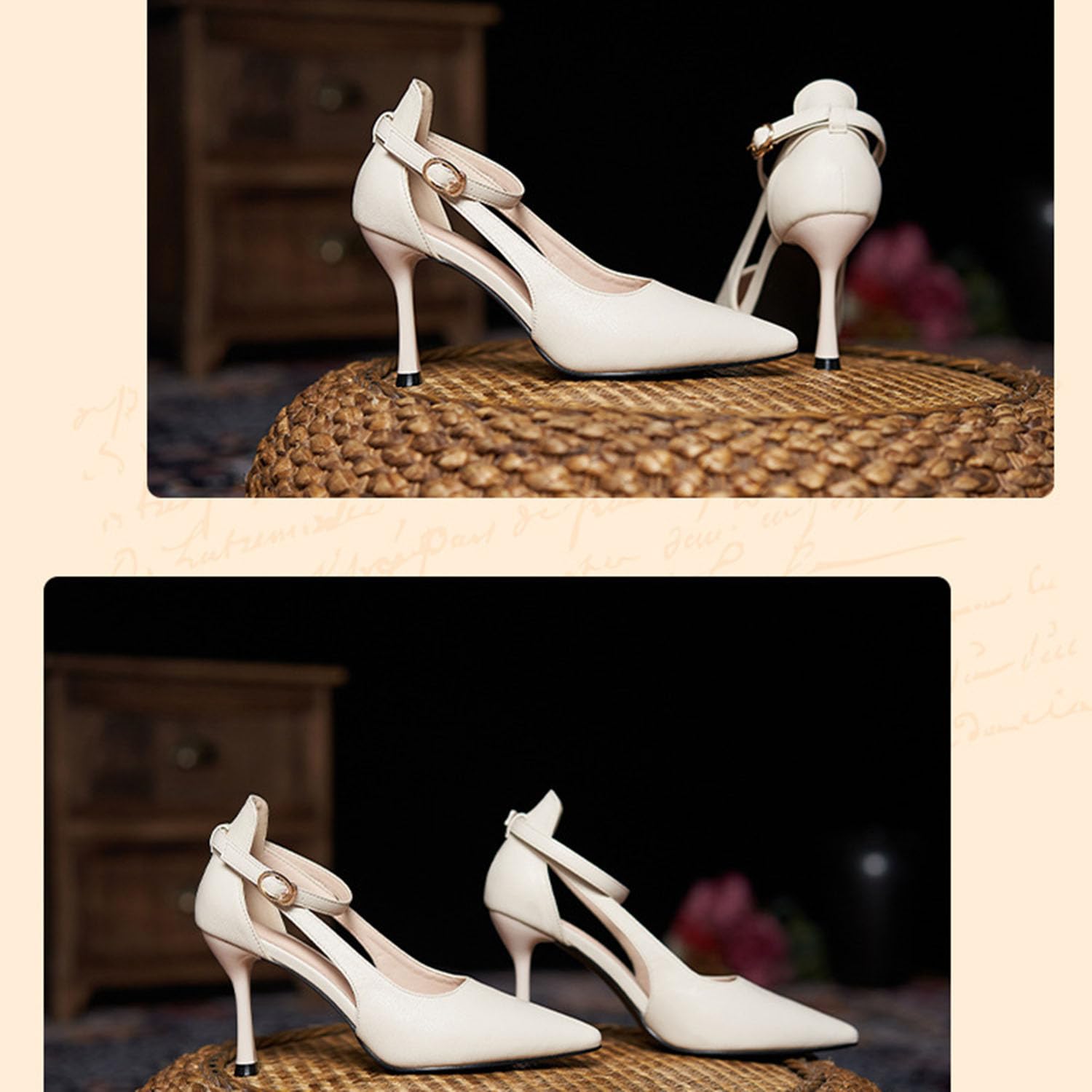 Scarpe col Tacco Classiche a Punta per Donna, alla Moda, con Tacco a Spillo, con Cinturino alla Caviglia, in Pelle PU, da Lavoro e da Ufficio.
