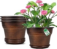 Fodetyff 10 Inch Resin Plant Pots 4 Pack - Indoor Outdoor Planters with Drainage Holes & Trays, Copper Finish for Succulents Herbs Flowers