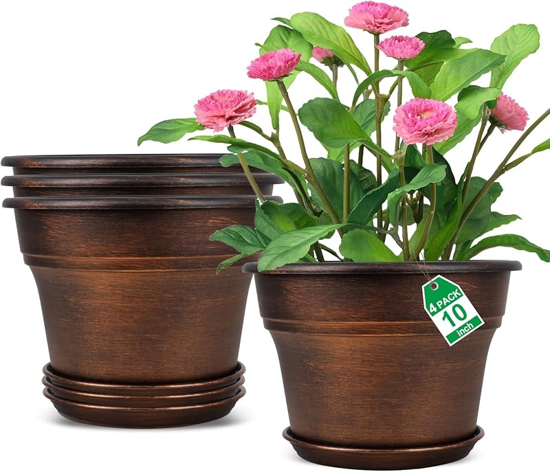 Fodetyff Macetas de 10.0 in para interiores y exteriores, paquete de 4 macetas de plástico para plantas de interior con agujeros de drenaje y bandejas, juegos de contenedores decorativos de resina con platillo para casa jardín cobre
