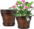 10 Inch Planters Plant Pots Indoor Outdoor, 4 Pack Plastic Flower Pot for Indoor Plants with Drainage Holes & Trays, Resin Decorative Container Sets with Saucer for House Garden Copper