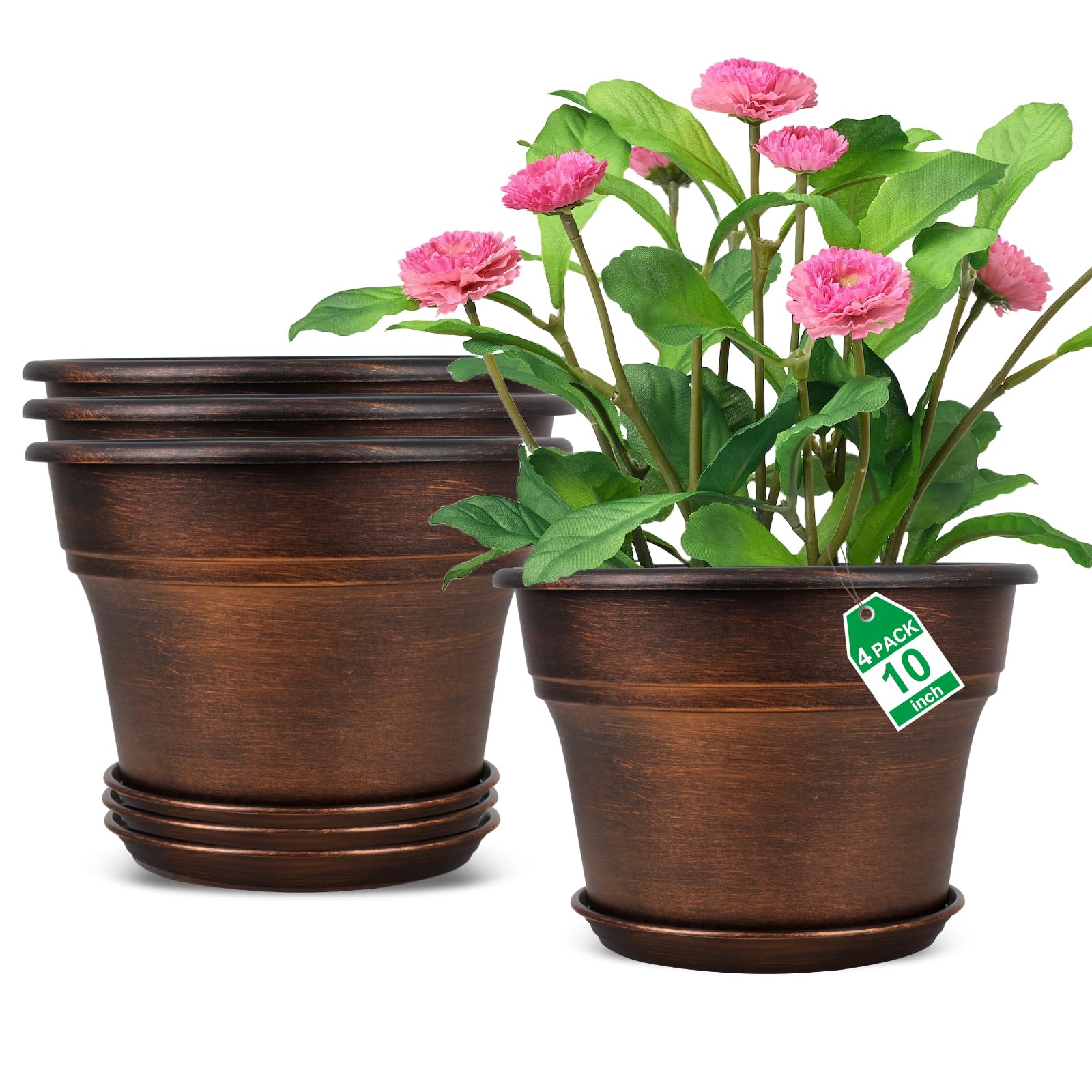 Fodetyff 10 Inch Planters Plant Pots Indoor Outdoor, 4 Pack Plastic Flower Pot for Indoor Plants with Drainage Holes & Trays, Resin Decorative