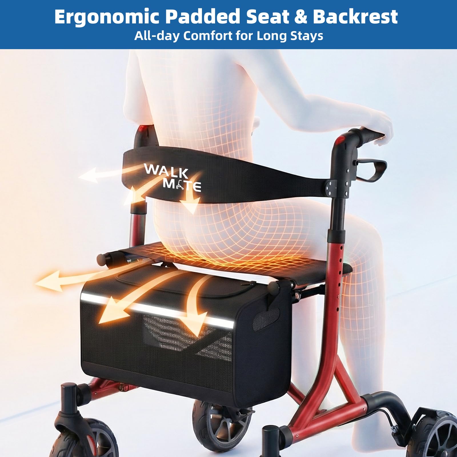 Walk Mate Rollator Pieghevole e Leggero con Seduta - Compatto per la Casa, Regolazione Ergonomica dell'Altezza 150-190 cm, Ruote Fuoristrada, Peso Ultraleggero di Soli 6,7 kg