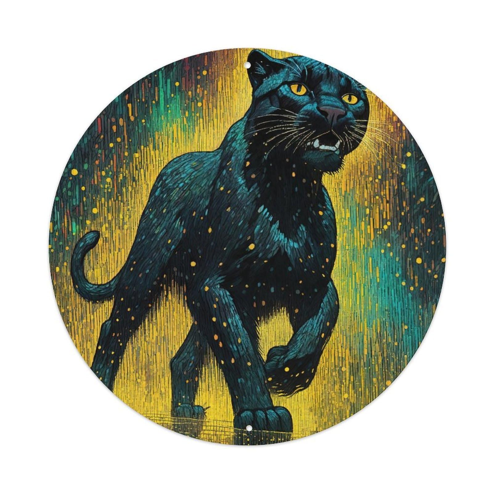 Animal Poster Neon Panther Vintage Metal Tin Sign Plaque Wall Decor for Cafe, Club, Garden Round Metal Poster 8x8Inch