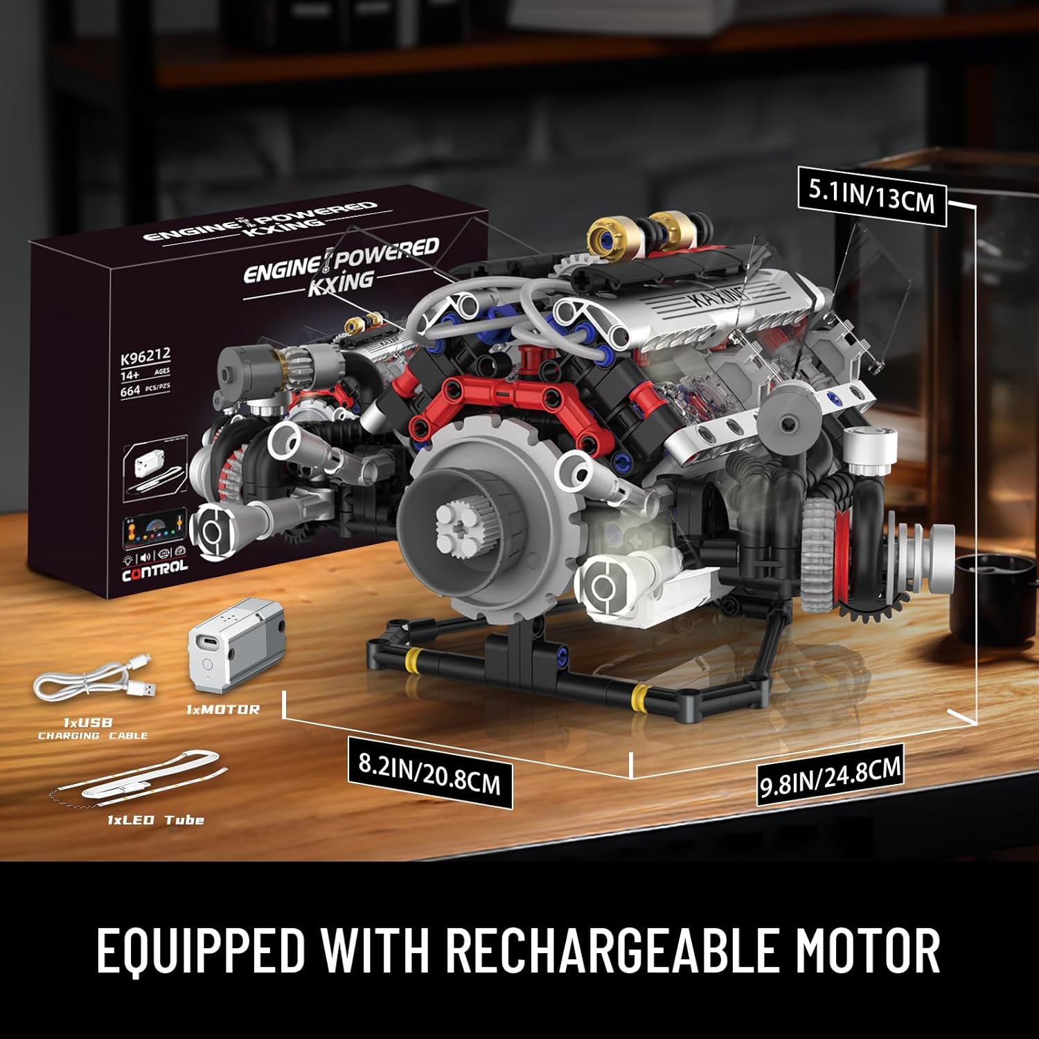 V8 Engine Building Blocks Set, APP Controlled Combustion Model Kit with Rechargeable Motor, Physical Science Experiment Toy for Adults (664 PCS)