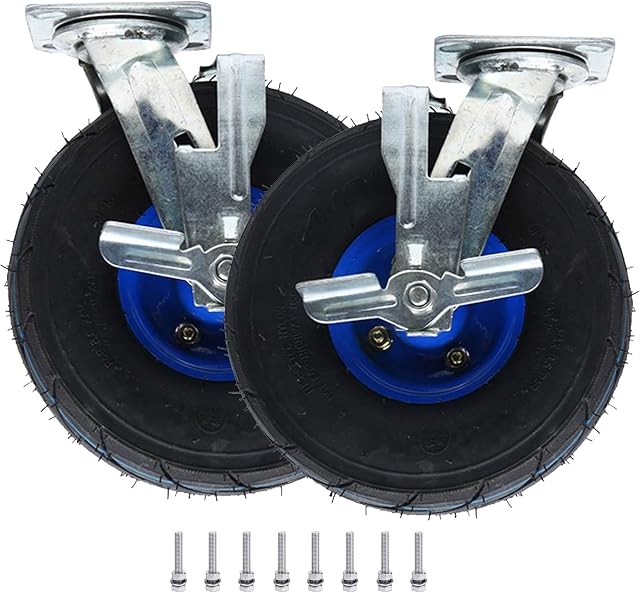 Set of 2 Heavy Duty and Highly-Elastic Swivel Plate Caster 8-Inch Pneumatic Industrial Caster Wheel 10 Inch Rubber Caster Wheel with Brake and Screws, Steel Hub Shock Absorption 770 Lbs ( Color : Brak