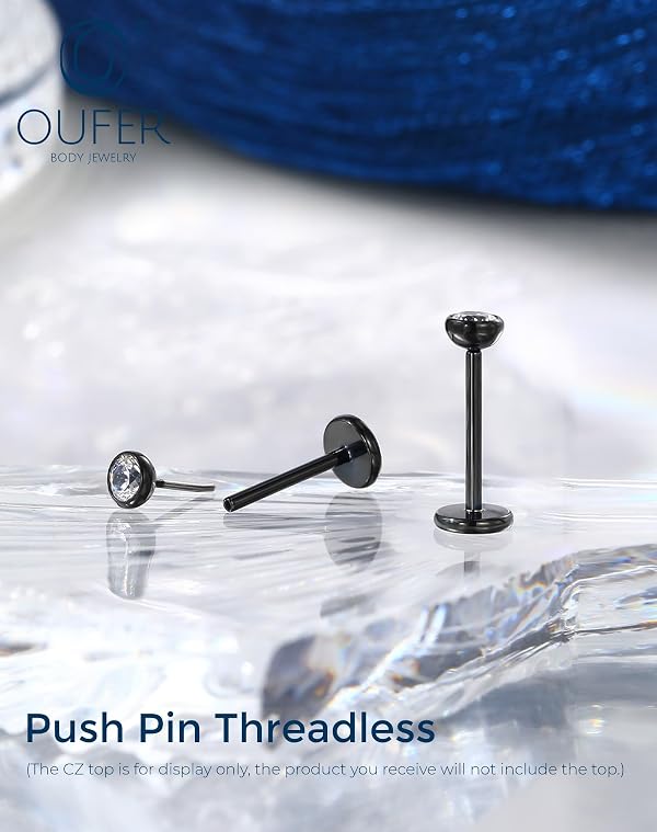 OUFER 16G Black Titanium Push Pin CZ Stud Earrings | 1.5MM CZ with 5MM Short Post | Threadless Flat Back Labret for Tragus, Helix, Lip Piercings | Minimal Sparkle Piercing Jewelry by OUFER - Used condition - Image 3