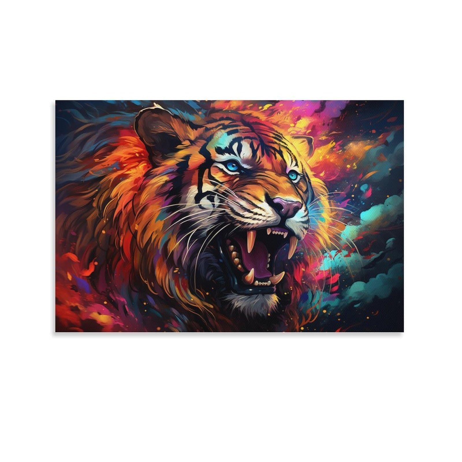 CPLVKWRQJ Bright Magical Colorful Individual Vibrant Roaring Tiger Portrait Framed Canvas Art - Living Room Focal Point Fade Resistant Gallery Wall Decor 08x12inch(20x30cm)