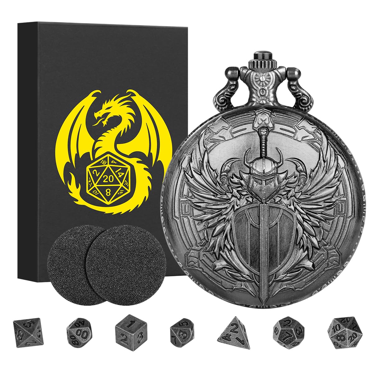 Mini DND Dice Set including Steampunk Paladin Pocket Watch Shell Case, DND Starter Set, 7pcs Polyhedral Mini Metal Dice Set
