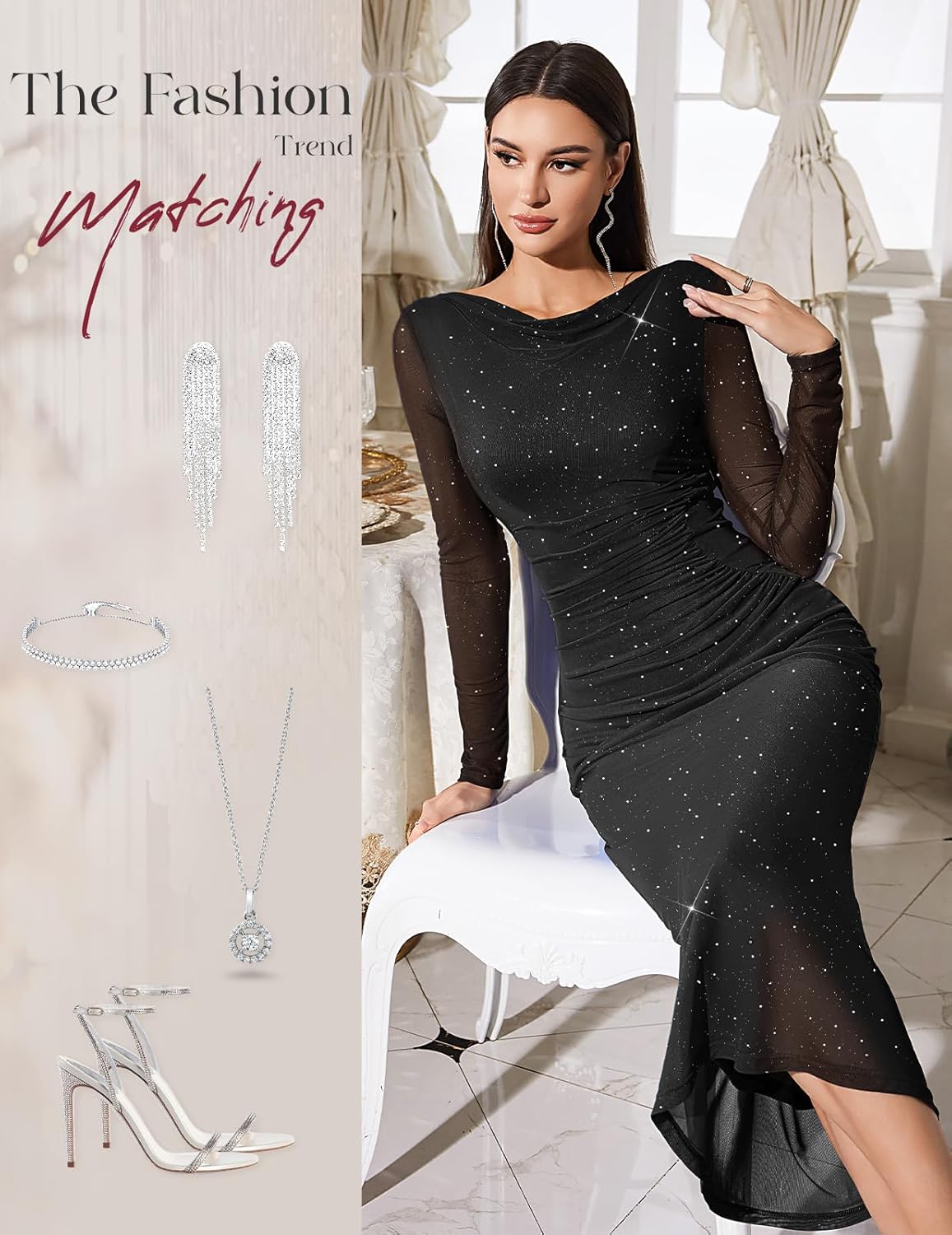 HomRain Women's Sparkly Mesh Maxi Summer Dress Long Sleeve Bodycon Dresses for Wedding Guest Outfit - Image 5