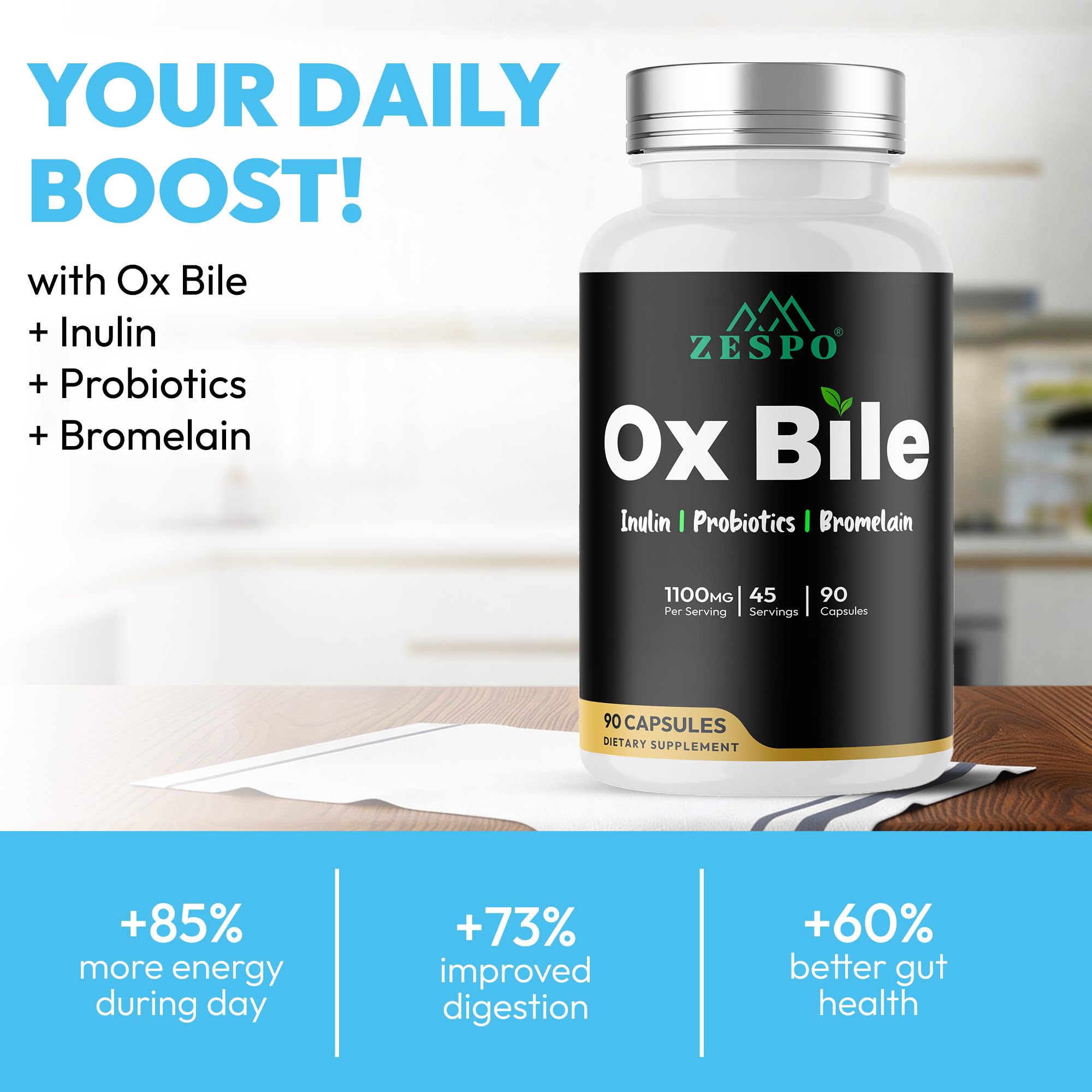 Zespo Ox Bile Supplement 1100Mg Supports Digestion & Gut Health With Inulin, Probiotics & Bromelain 90 Capsules For Bile Production & Nutrient Absorption 1