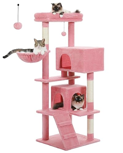 MUTTROS Pink Cat Tree for Large Cats with Super Large Top Perch,56.2" Multi-Level Tower for Indoor Cats with Hammock, Cat Shelves with Scratching Posts and 2 Condos Houses, Pink - 56.3inch - Pink