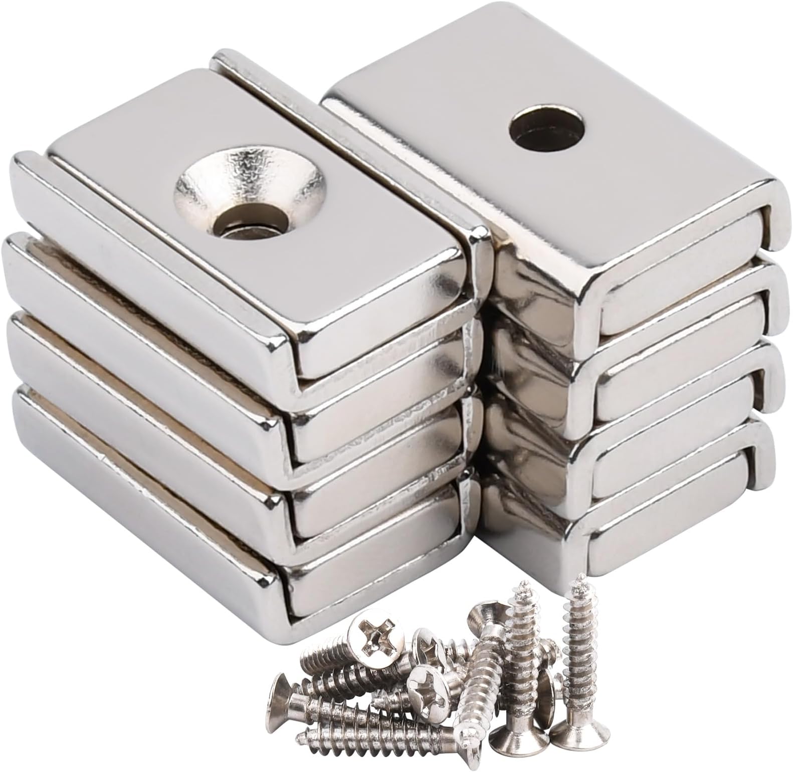 MIN CI 8 Pack Strong Flat Magnets 20lbs Force Rare Earth Neodymium, 20x13.5x5mm Square With Screw Holes M3.5 Pot Cabinet Countersunk Industrial Strips