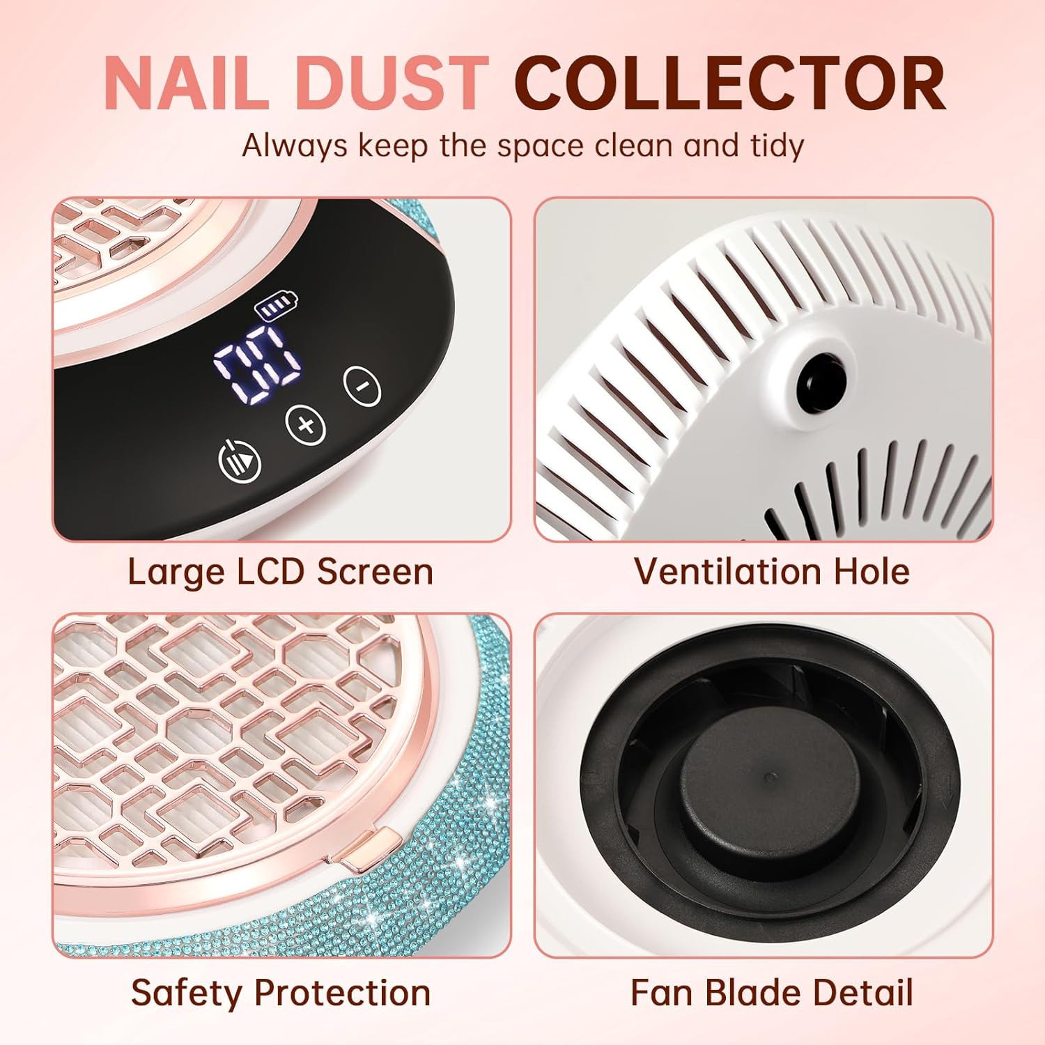 Nail Dust Collector, Cordless Dust Collector Nail Tech, Powerful Vacuum Fan Vent Dust Collector Extractor Dust Suction Machine for Acrylic Gel Polish,Salon & Home, Blue Diamond