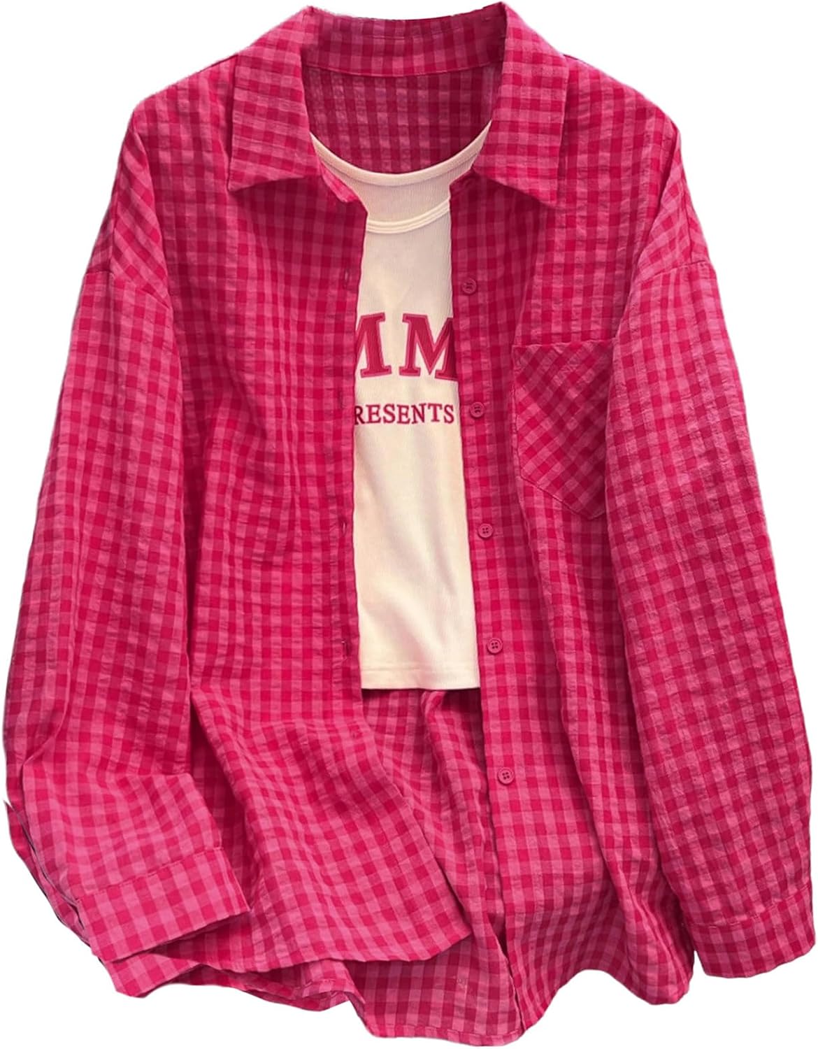 Verdusa Women's Gingham Plaid Button Down Blouse Long Sleeve Drop Shoulder Collared Shirts - Image 3