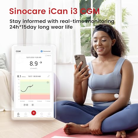 Sinocare iCan CGM, Continuous Glucose Monitor, 15 Days Wear-life & IP28, Every 3 Minutes Output Test Value Via iCan CGM App, Pack of 1 Sensor & Transmitter