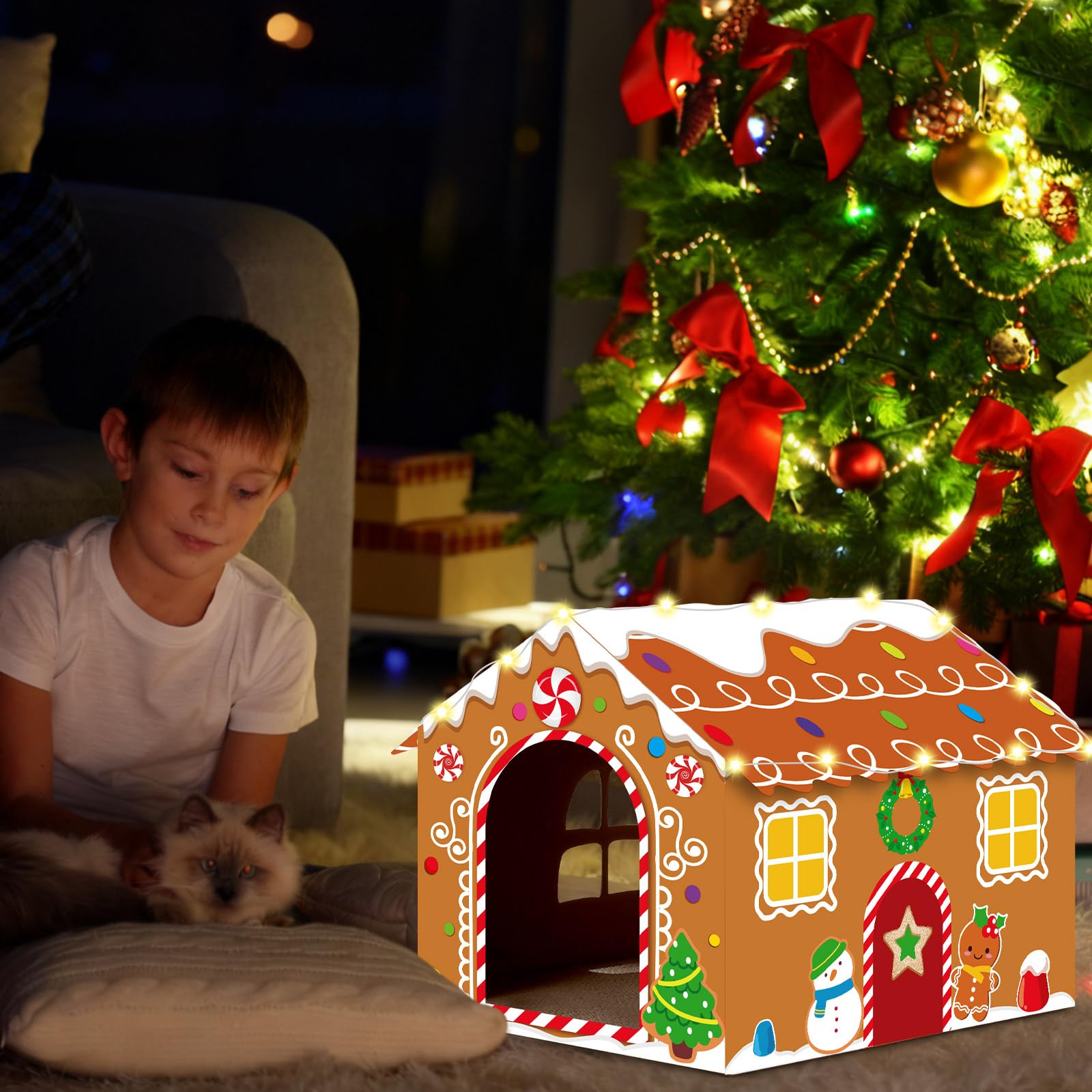 Casetta natalizia per gatti in cartone con luce a LED, tiragraffi con pan di zenzero, casetta per gatti di Natale, 39,9 x 34 x 32 cm, tiragraffi per gatti da interni