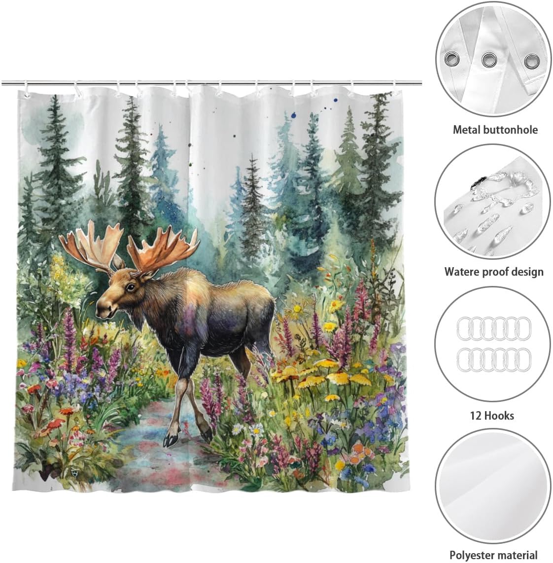 NGZ Moose Shower Curtain Colorful Shower Curtain for Spring Painting Print Bath Funny Curtains for Bathroom Home Decoration with 12 Hooks 72x72 Inch