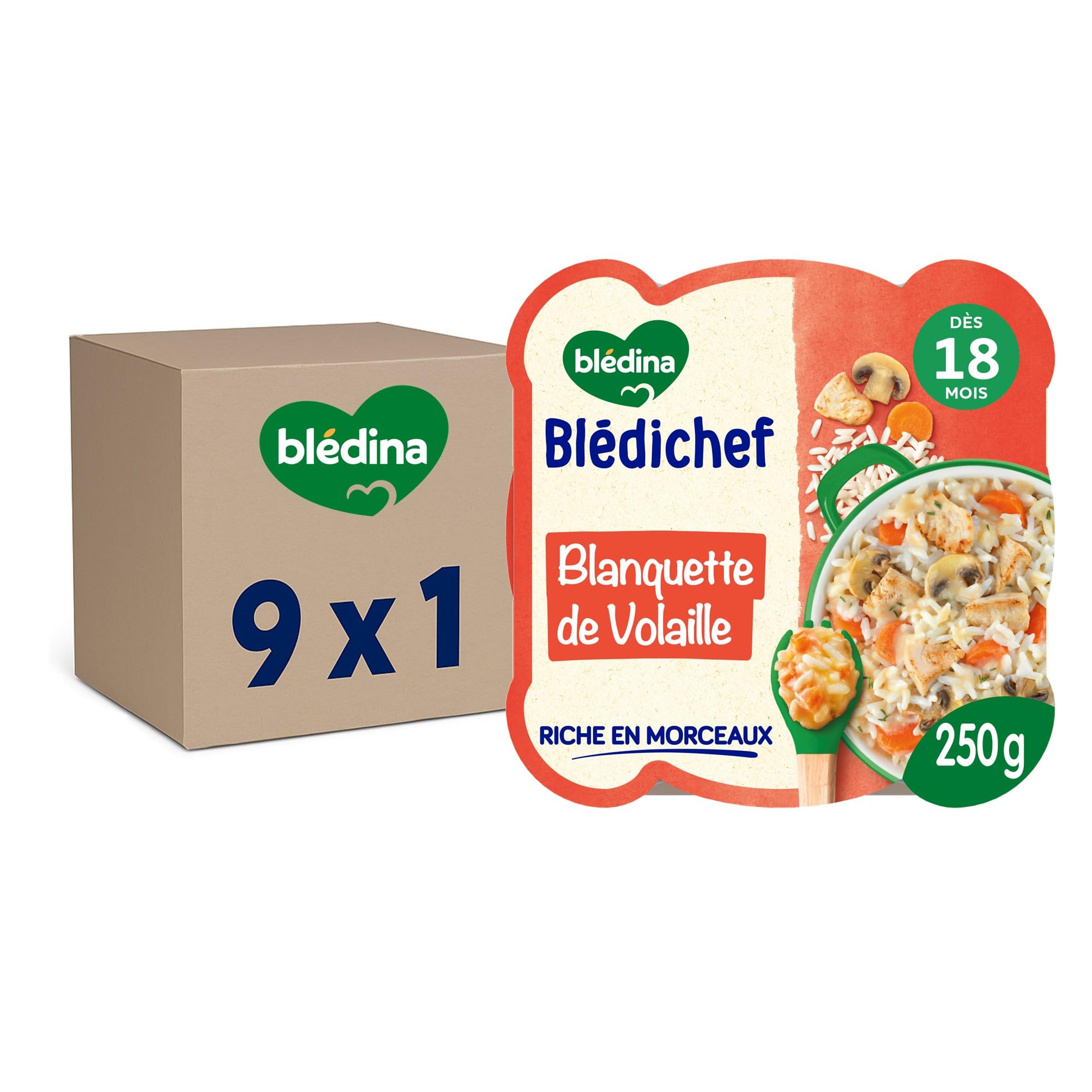 Blédina - Blédichef - Repas Bébé 18 Mois - 9 Plats Blanquette de Volaille - Petits Morceaux - 100% Ingrédients d'Origine Naturelle - Dès 18 Mois - 9 Assiettes 250g (L'emballage peut varier)