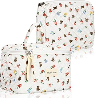 2 Pcs Cotton Makeup Bag Quilted Large Travel Coquette Makeup Bag for Women Girls Cosmetic Bag Aesthetic Cute Pouch with Zipper Toiletry Bags, 2 Sizes (Bear Style)