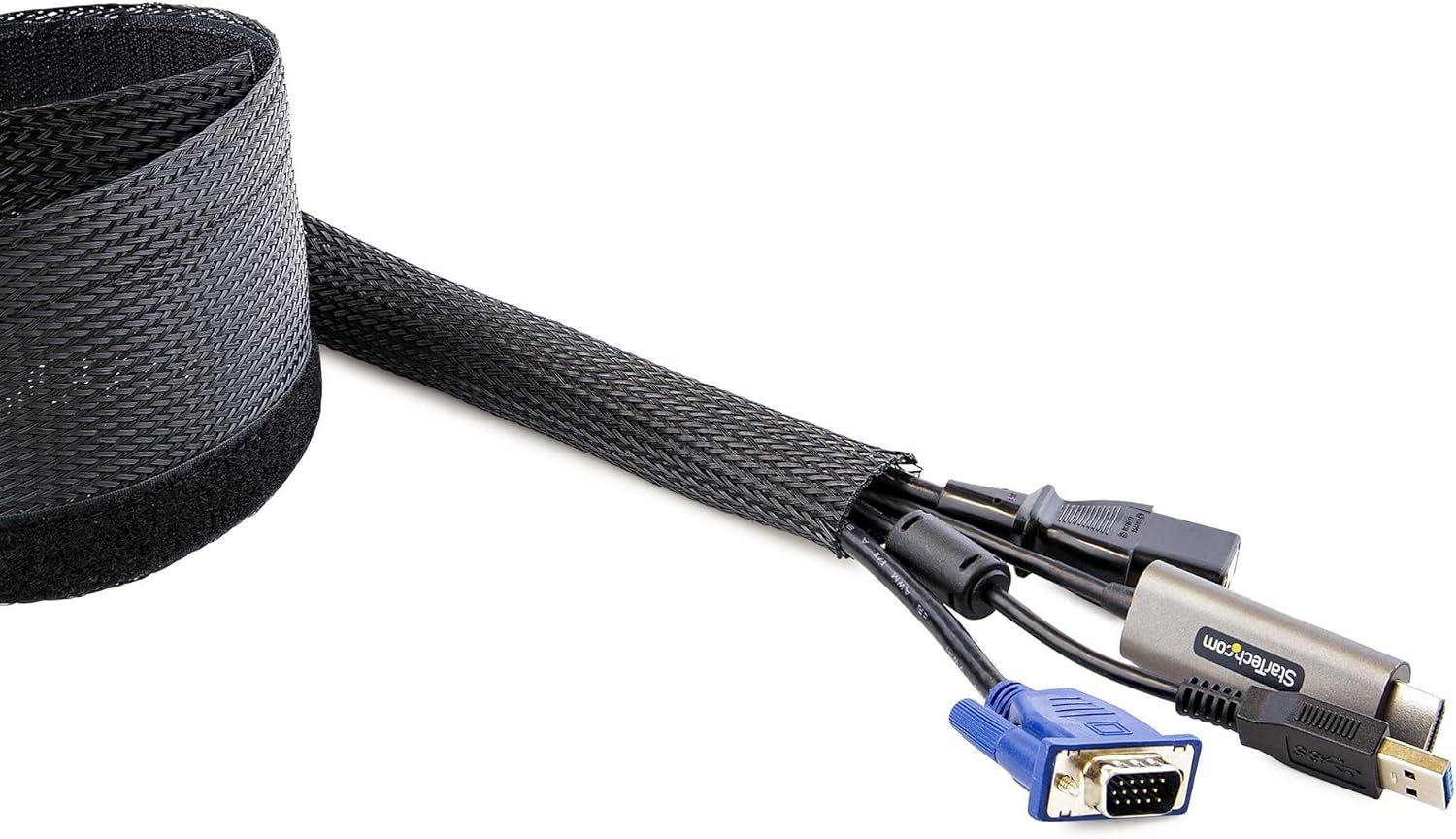StarTech.com 10ft (3m) Cable Management Sleeve, Trimmable Heavy Duty Cable Wrap, 1.2" (3cm) Dia. Polyester Mesh Computer Cable Manager/Protector/Concealer, Black Cord Organizer/Hider (WKSTNCMFLX)