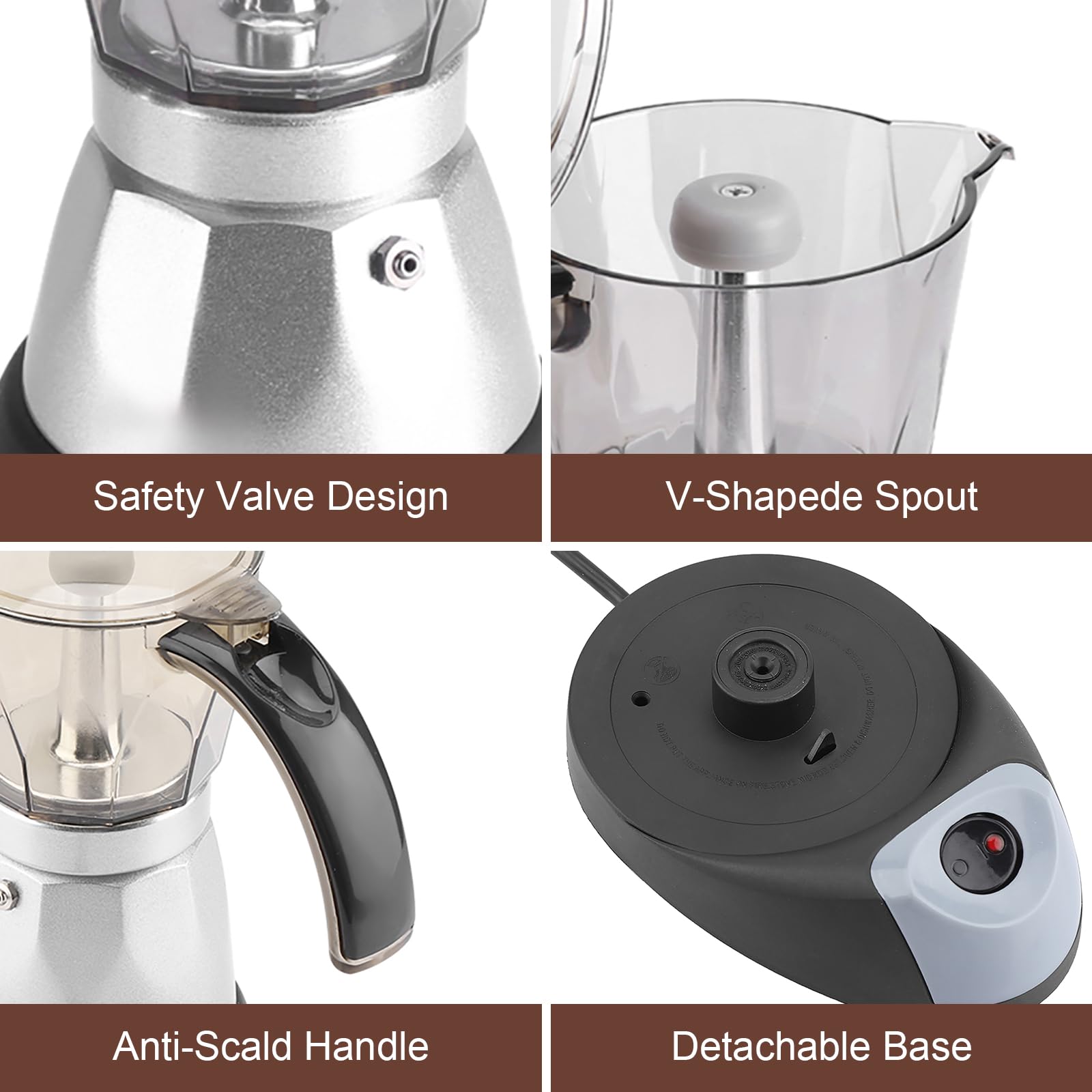 Cafetera Italiana 6 Tazas Espresso, Cafeteras Italianas Electrica Desmontable para el Hogar, Aleaciones y Materiales Plásticos, Fácil de Lavar, Moka Coffee Maker (480 W, 220 V, 300 ml) , Negro