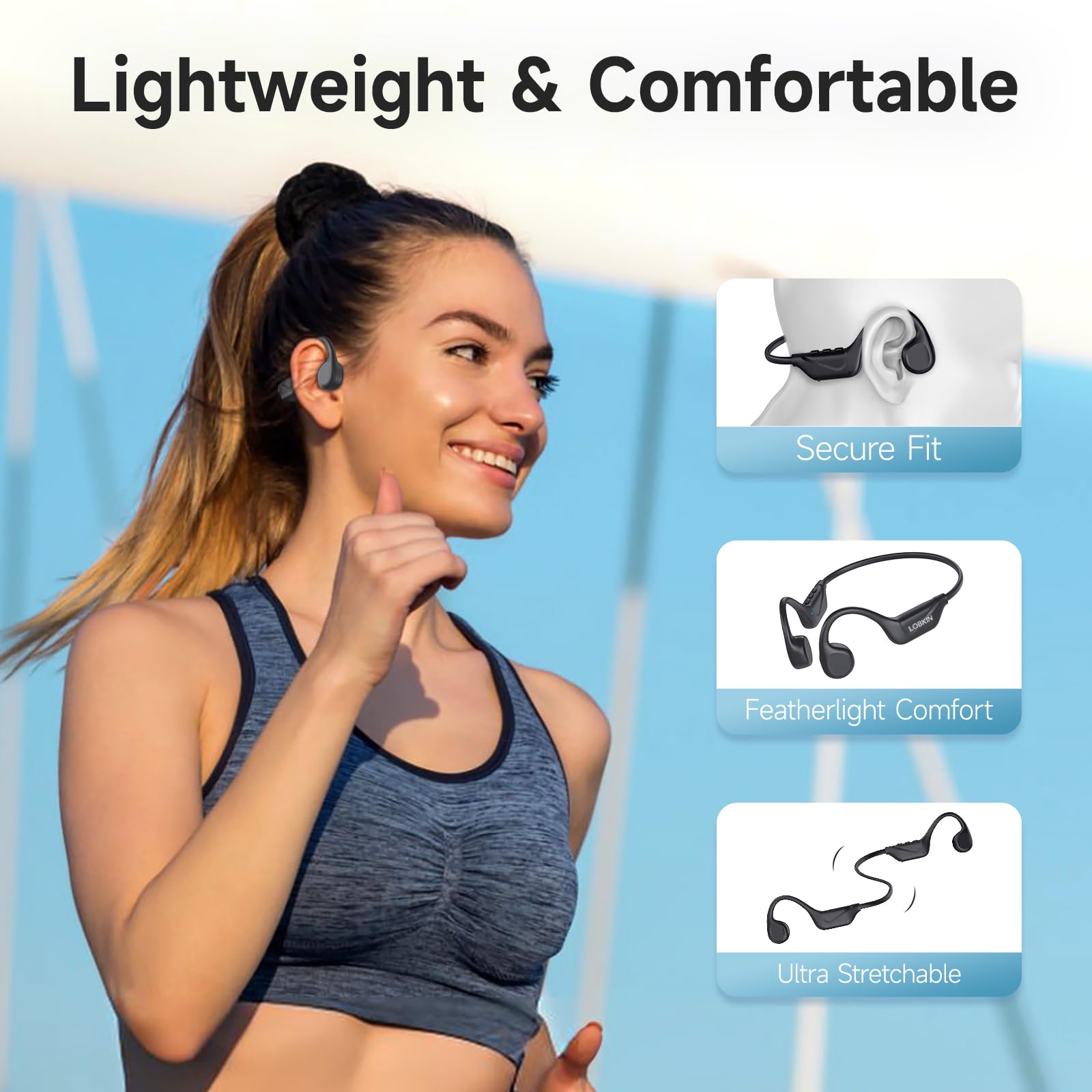 LOBKIN Cuffie Conduzione Ossea, Auricolari Conduzione Ossea Bluetooth 5.4, Auricolari Sportive Bluetooth Impermeabili,Open-ear Cuffie per Corsa Ciclismo Guida Fitness