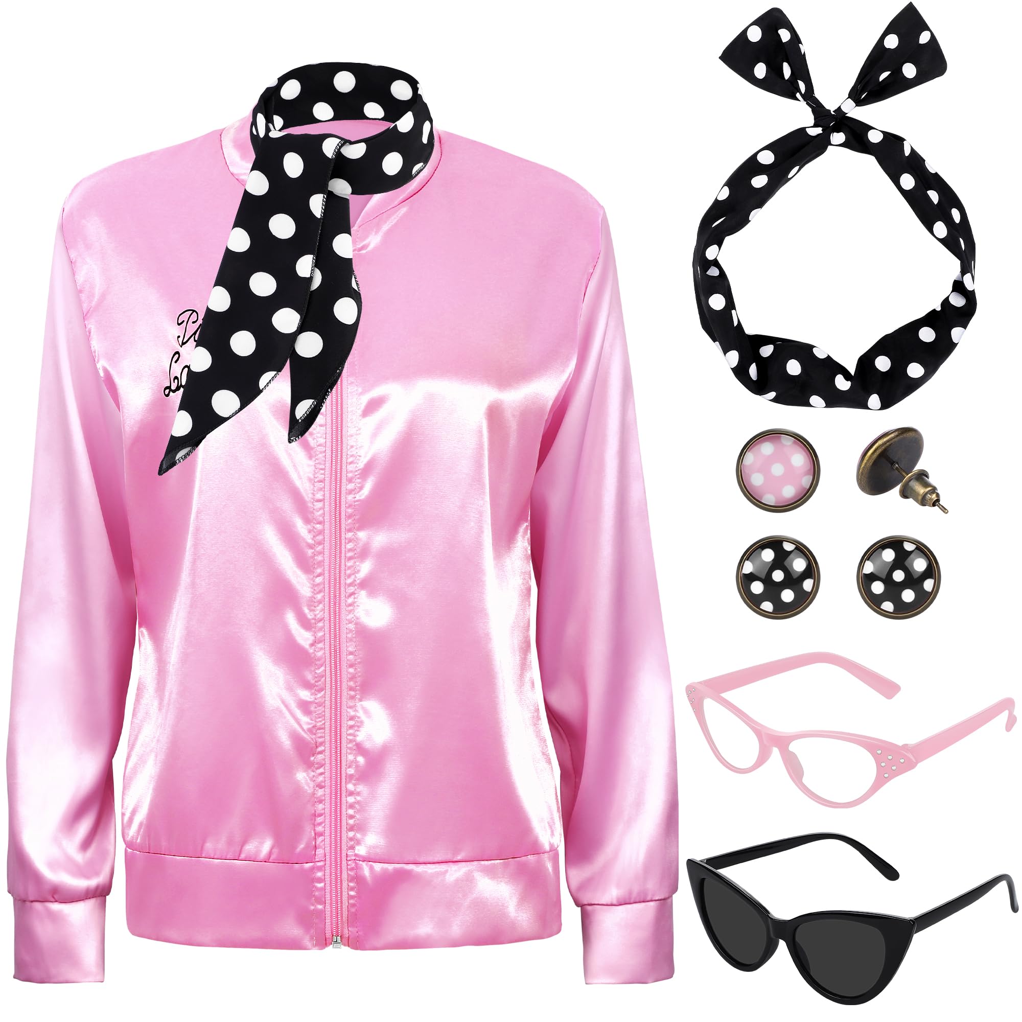 Photo 1 of ***MISSING PIECES*** SOMSOC 1950s Pink Satin Jacket with Neck Scarf Headband Earrings Cat Eye Glasses Halloween Cosplay Costume Set for Women Girl
